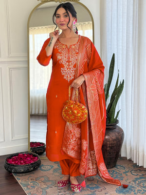 Roman Silk Embroidered Kurta Pant Dupatta Set – Rust Orange