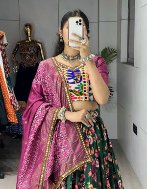 Navratri Green Floral Dola Lehenga Set - Blouse Unstitched