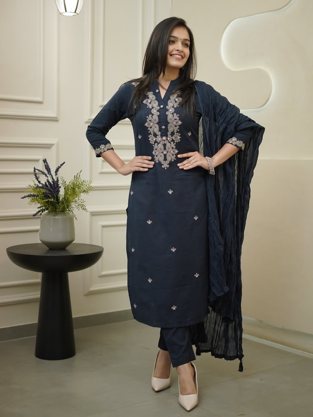 Rayon Slub Embroidered Kurta Pant Dupatta Set – Navy Blue