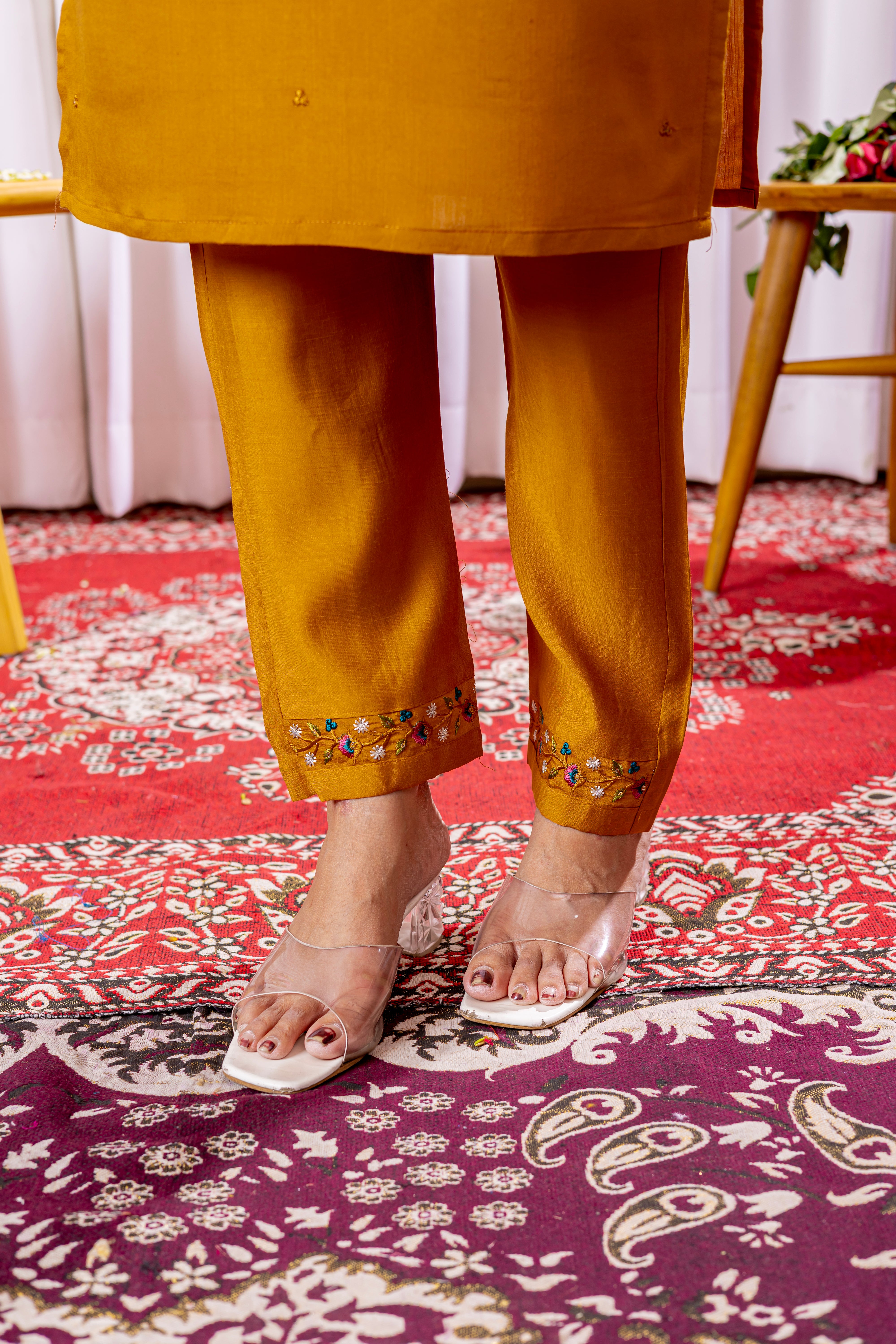 Viscose Silk Embroidered Straight Kurti Set – Mustard