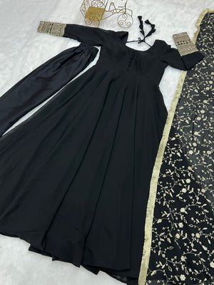 Georgette Embroidered Gown Set – Black