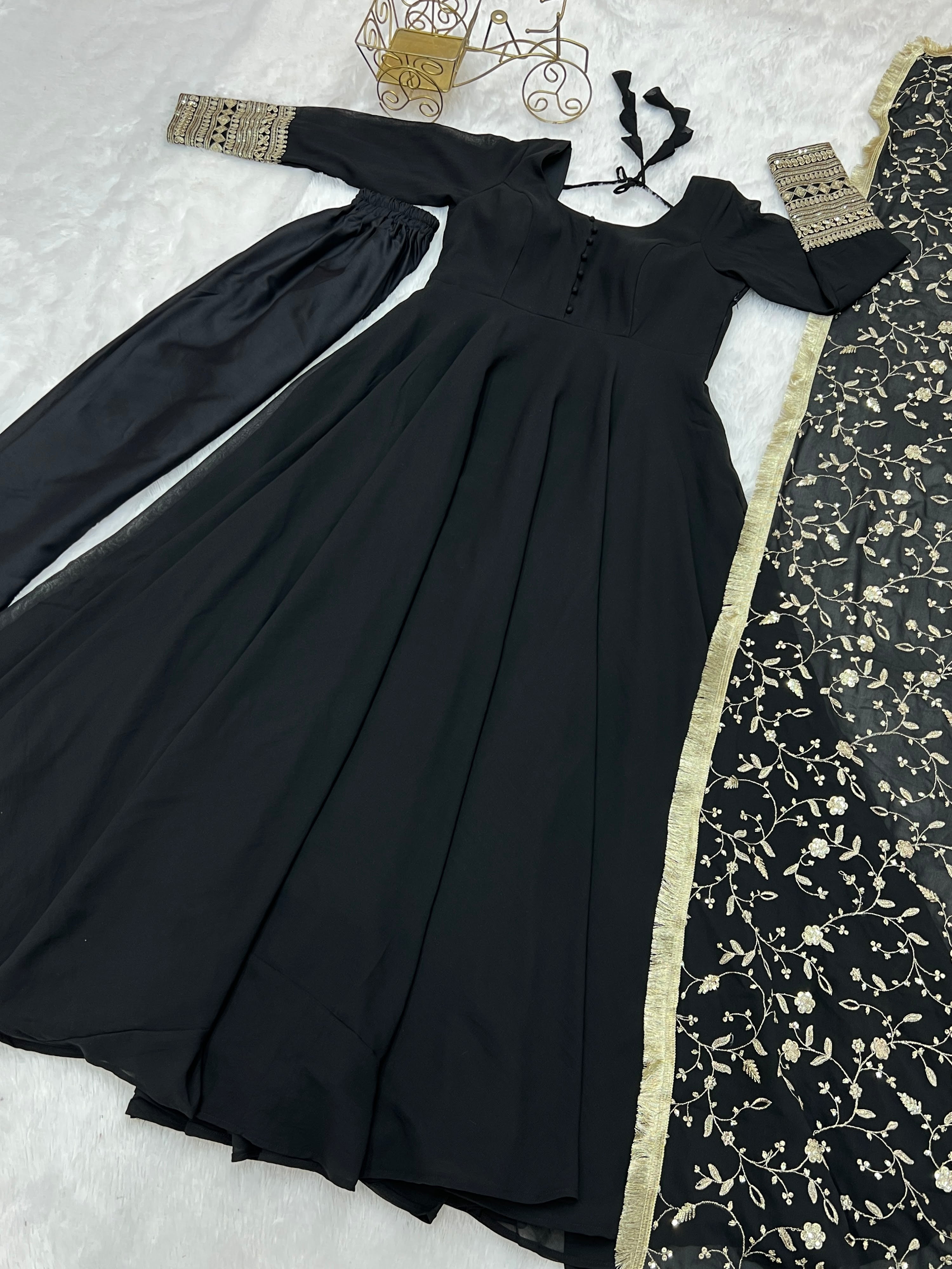 Georgette Embroidered Gown Set – Black
