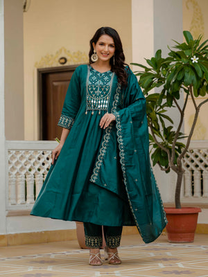 Viscose Roman Silk Embroidered Anarkali Kurti Set – Teal