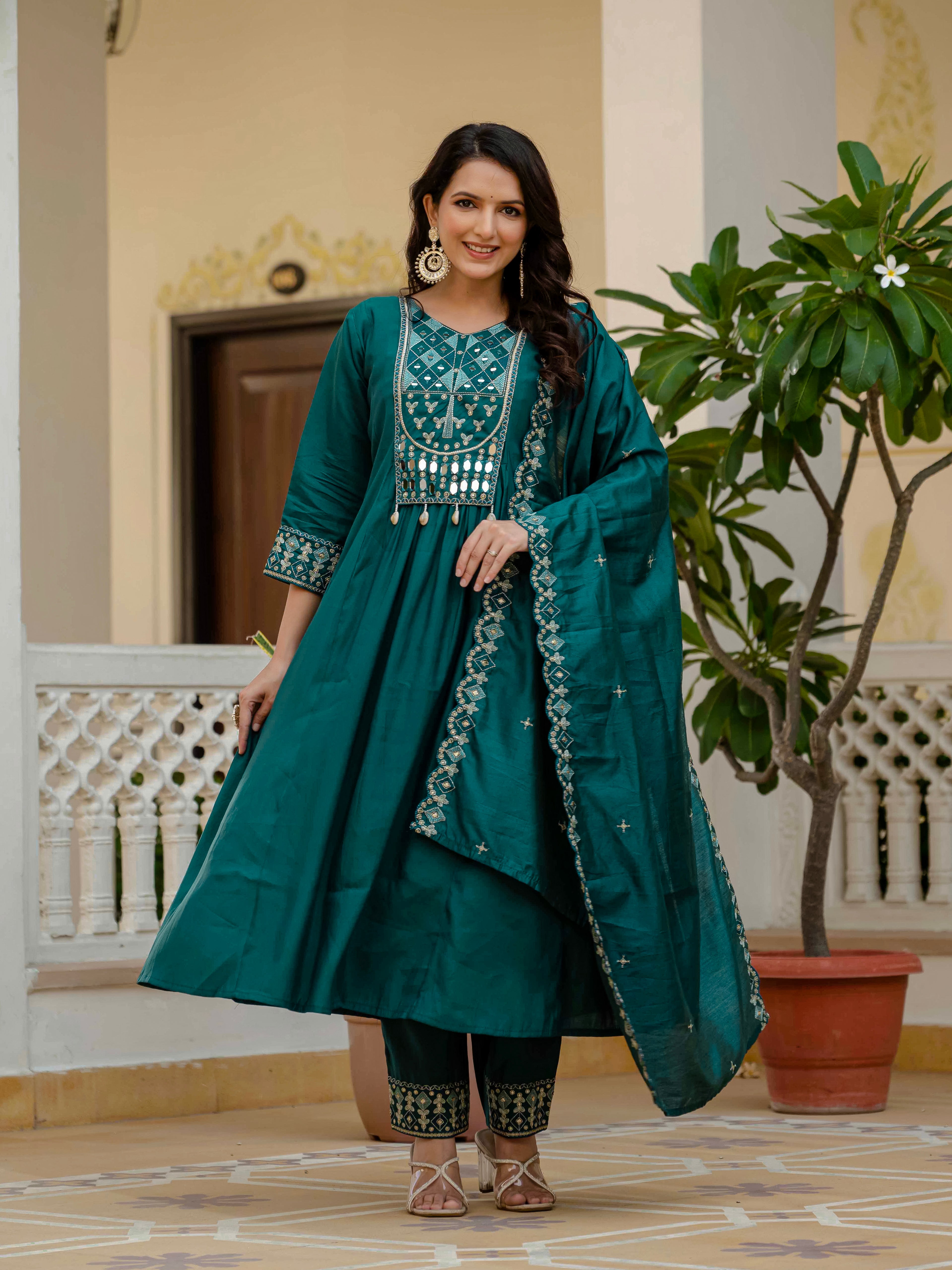 Viscose Roman Silk Embroidered Anarkali Kurti Set – Teal