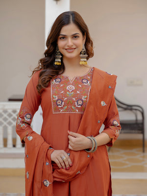 Pure Viscose Mango Silk Embroidered Straight Kurti Set – Rust