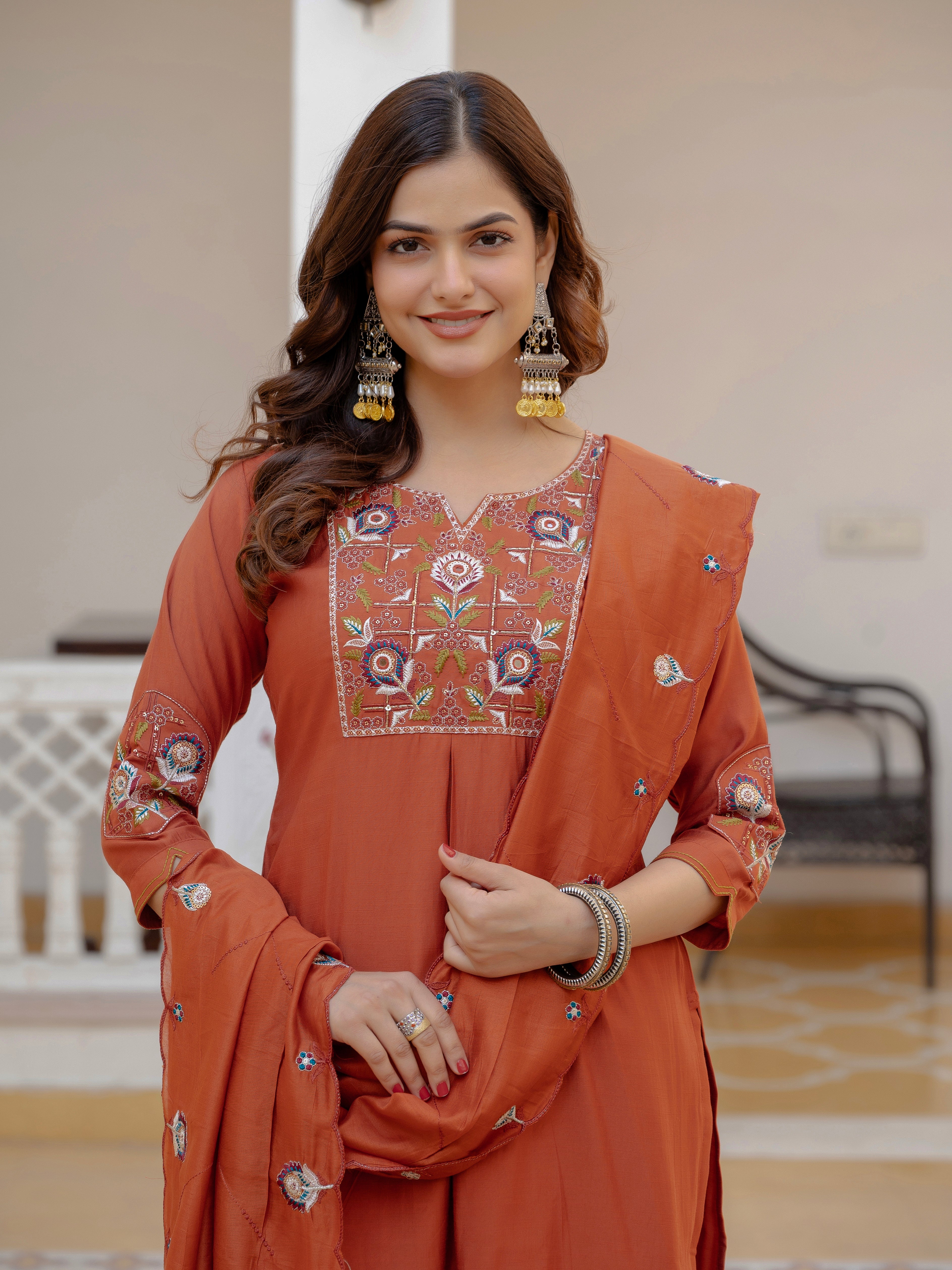 Pure Viscose Mango Silk Embroidered Straight Kurti Set – Rust