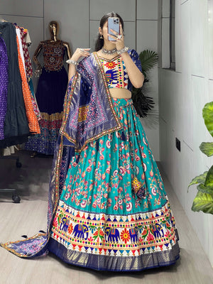 Navratri Firozi Floral Dola Lehenga Set - Blouse Unstitched