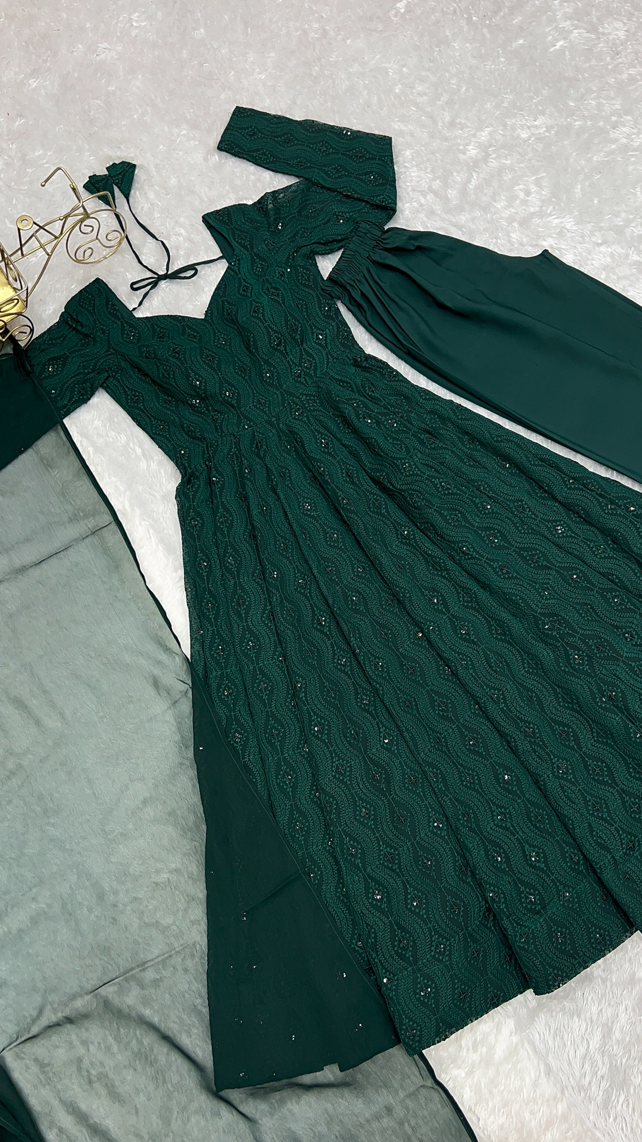 Georgette Embroidered Anarkali Set – Bottle Green