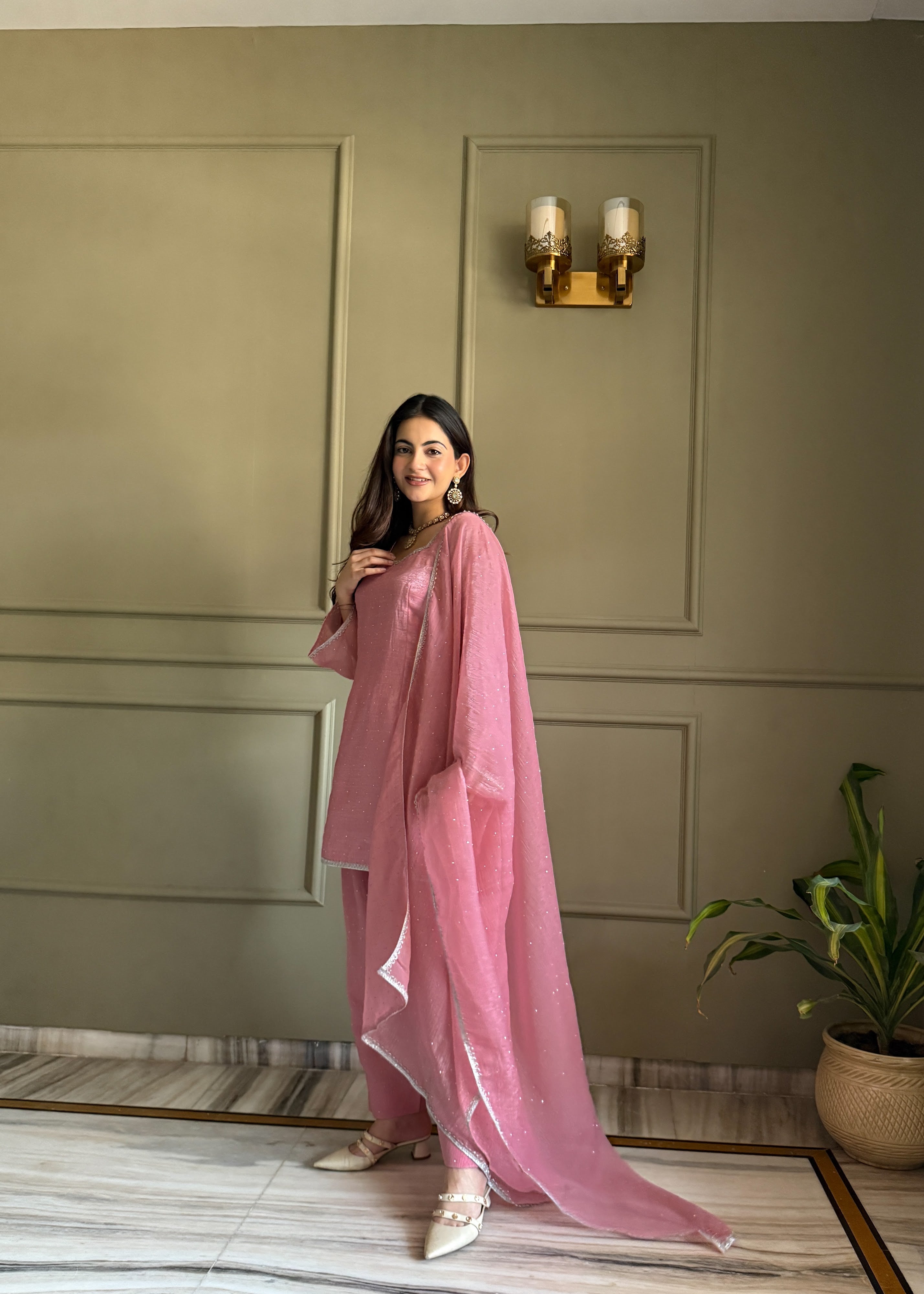 Crunchy Silk Embroidered Farshi Salwar Set – Pink