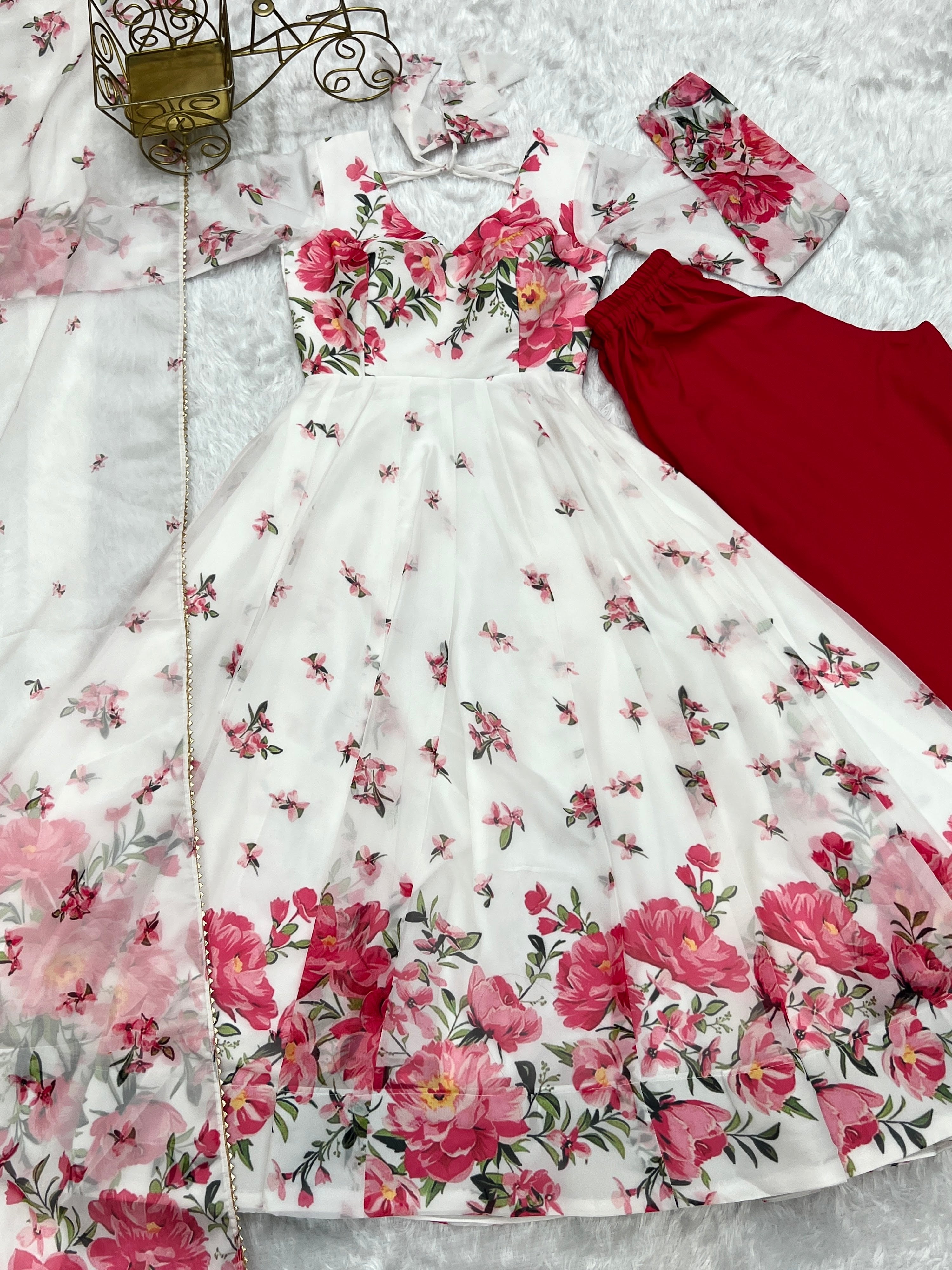 Organza Silk Printed Anarkali Set – Ivory Floral