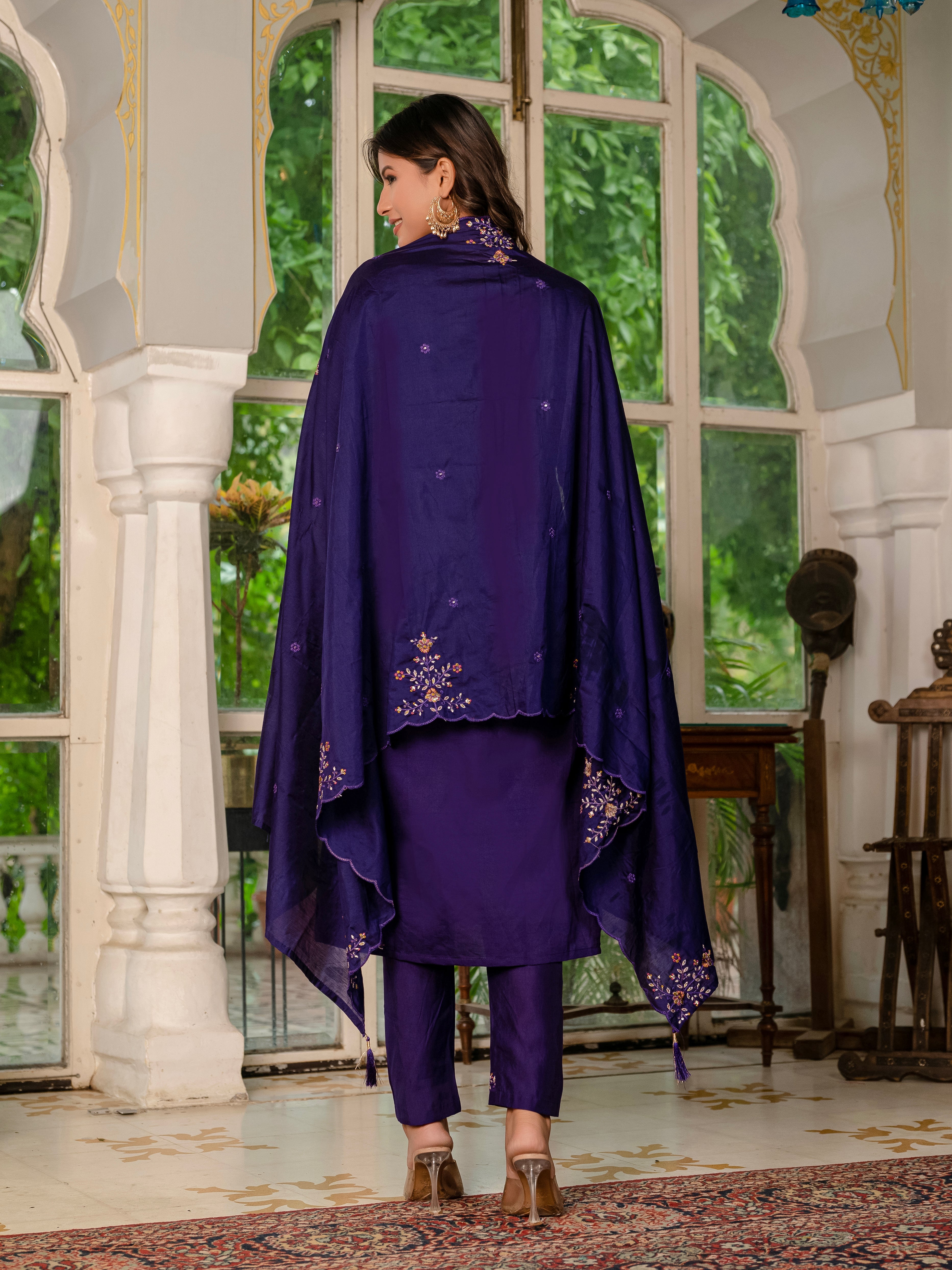Marina Silk Embroidered Straight Kurti Set – Violet