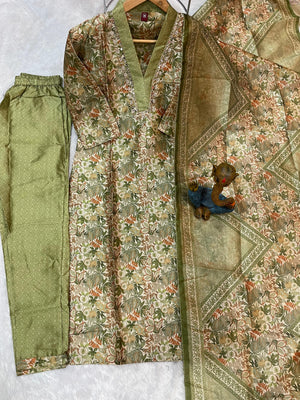 Zarna Silk Embroidered Straight Kurti Set – Sage Green
