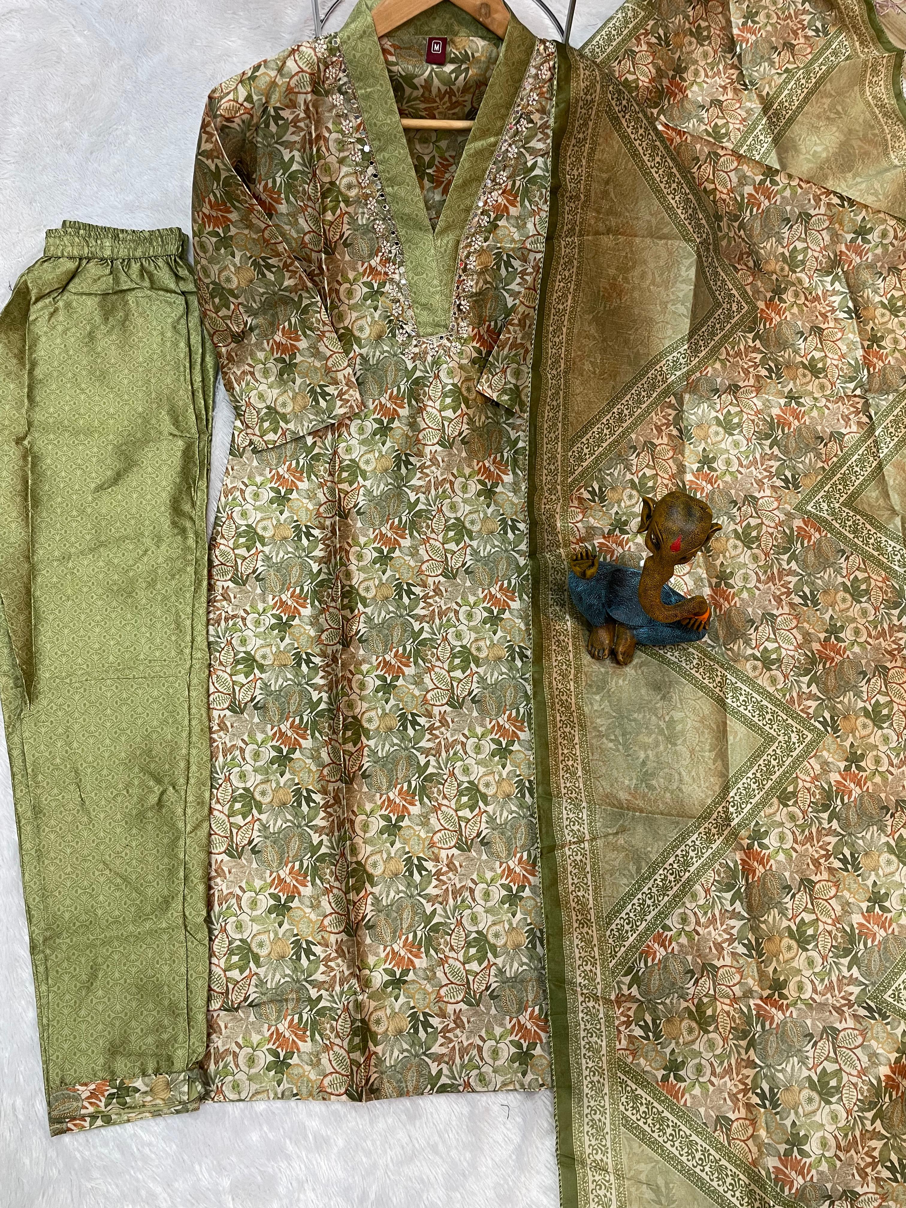 Zarna Silk Embroidered Straight Kurti Set – Sage Green