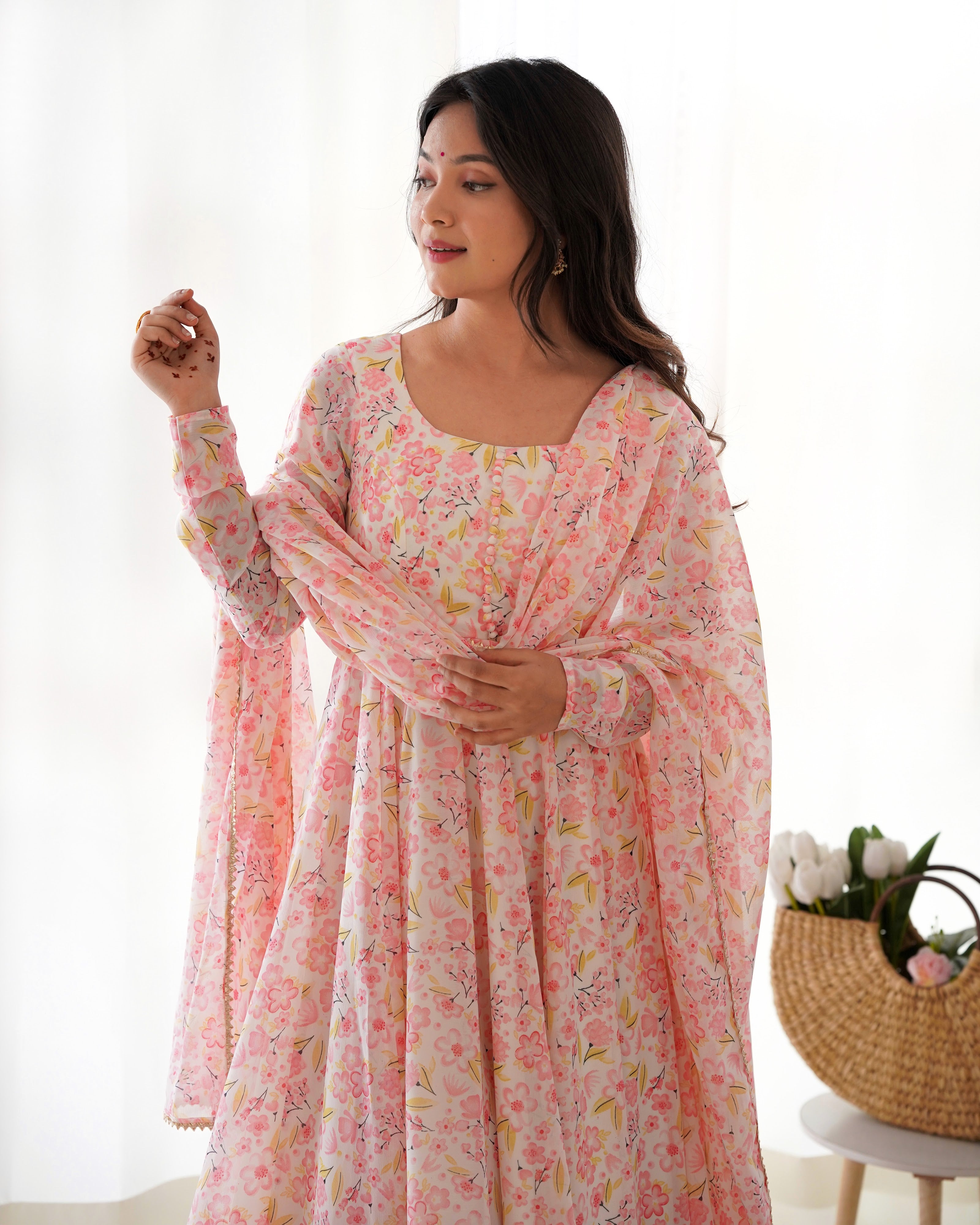Heavy Orange Chiffon Floral Print Printed Anarkali Set – Pink Floral
