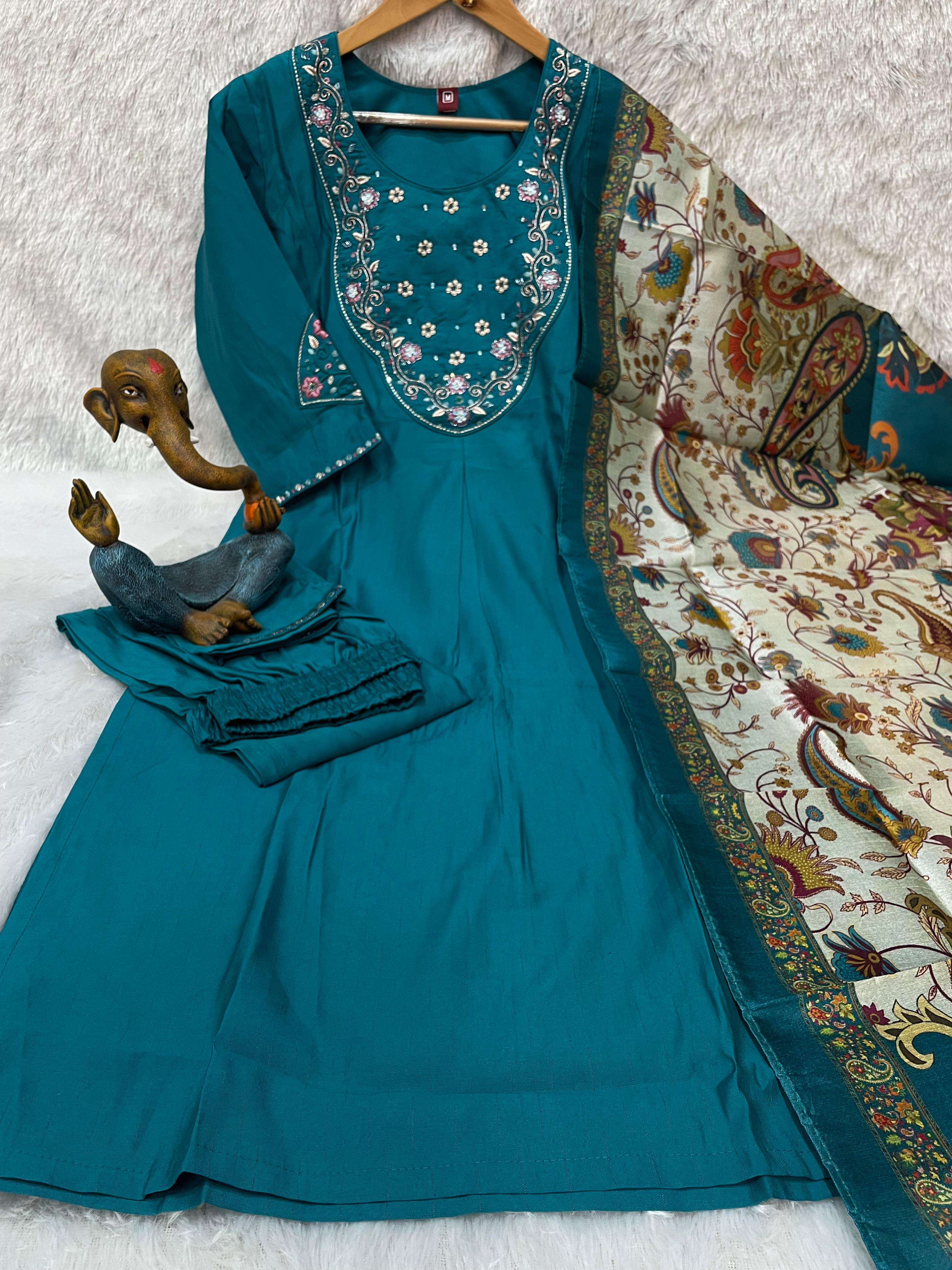 Premium Marina Silk Embroidered Straight Kurti Set – Firozi