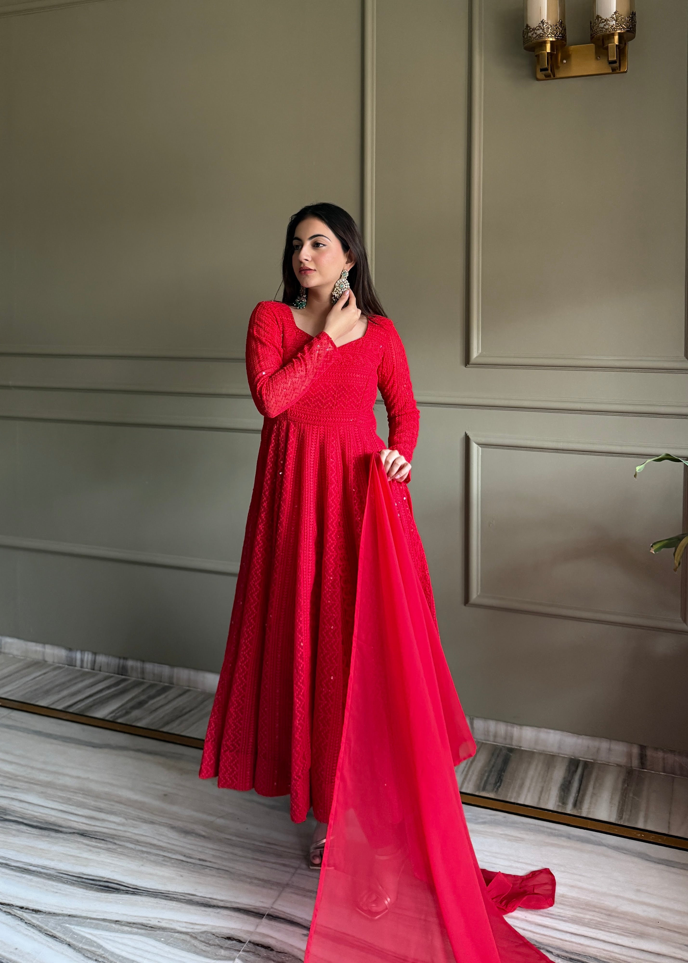 Georgette Embroidered Anarkali Set – Red