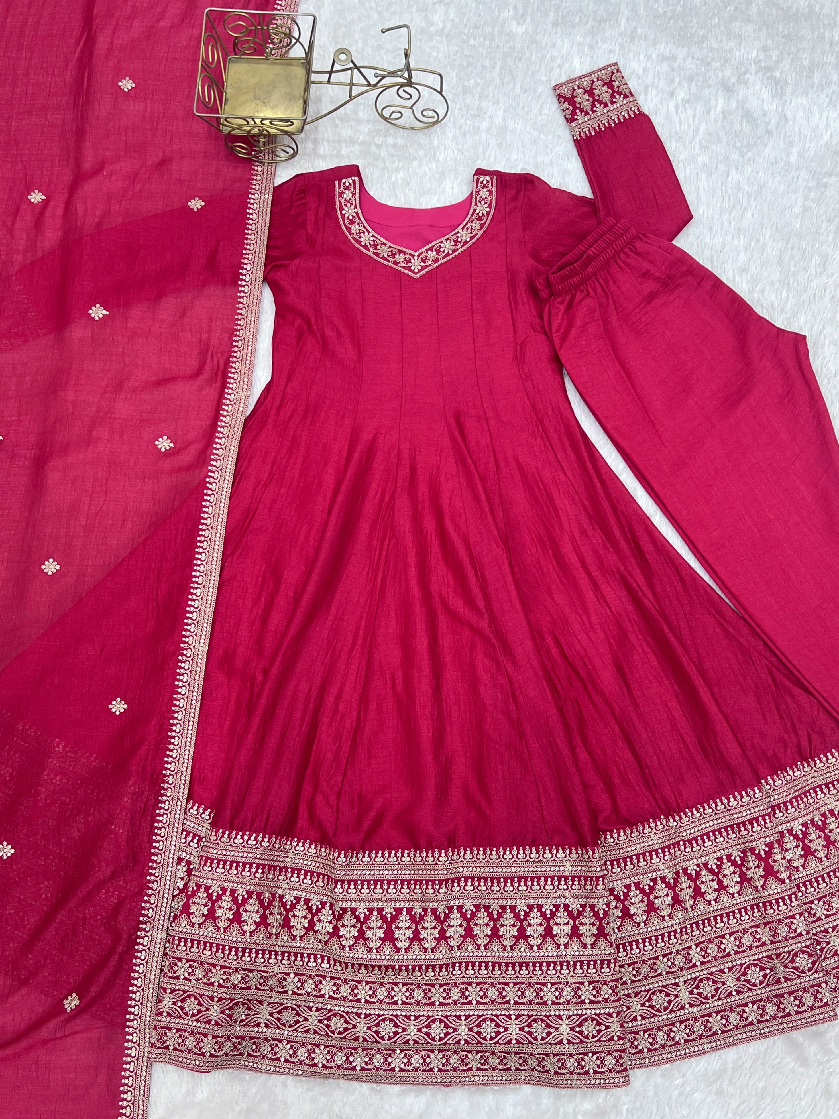 Vichitra Silk Embroidered Anarkali Set – Rani Pink