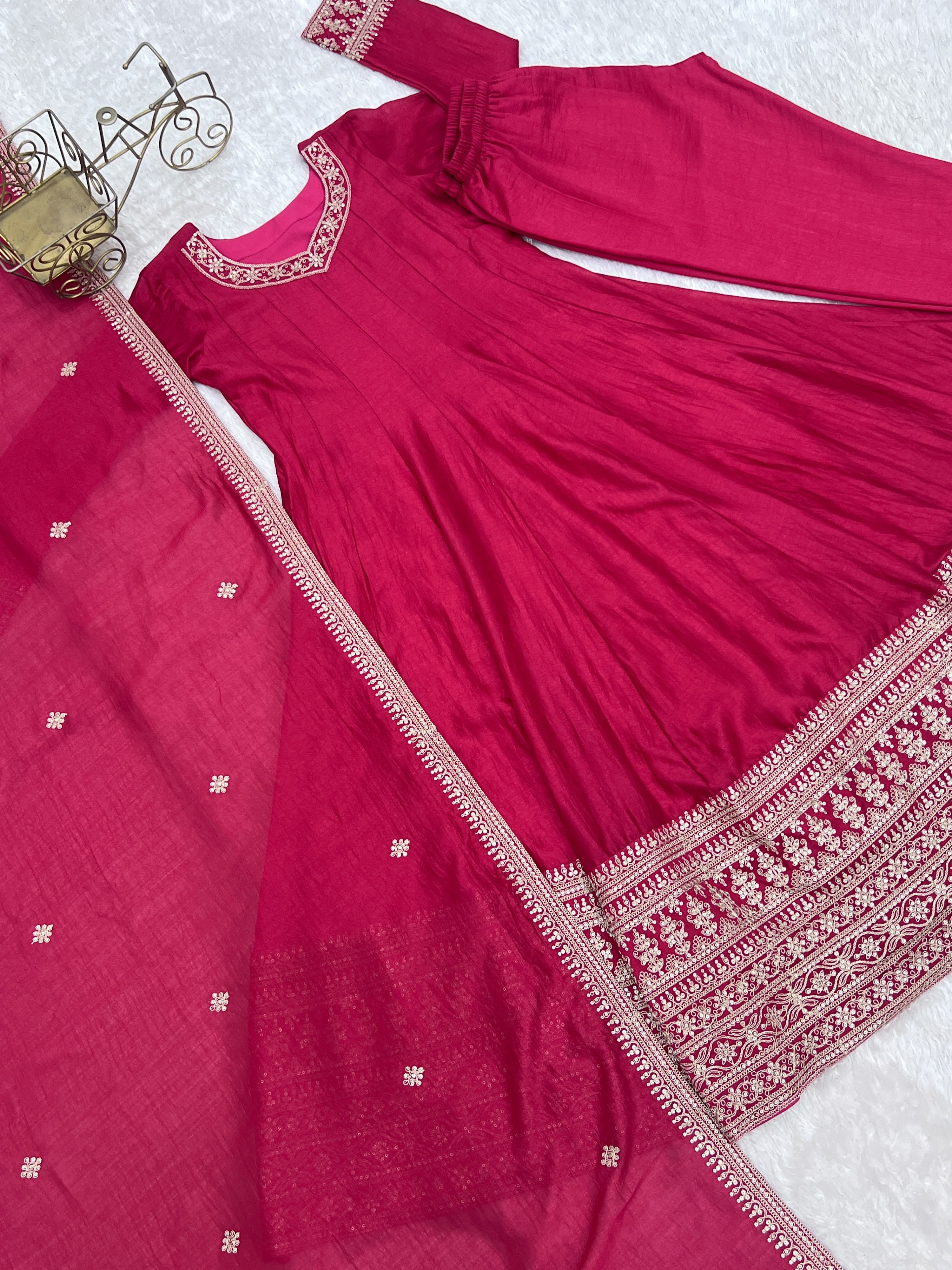 Vichitra Silk Embroidered Anarkali Set – Rani Pink