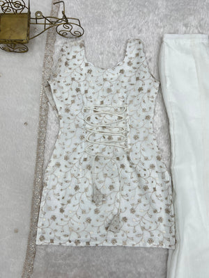 Crunchy Silk Embroidered Bell Bottom Set – Off White
