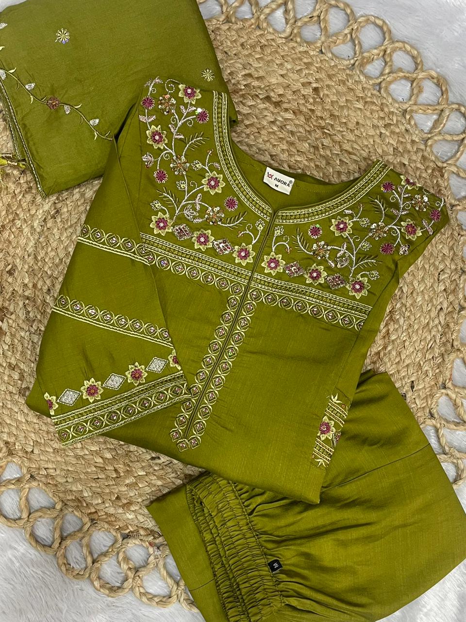 Viscose Mango Silk Embroidered Anarkali Kurti Set – Mahendi Green