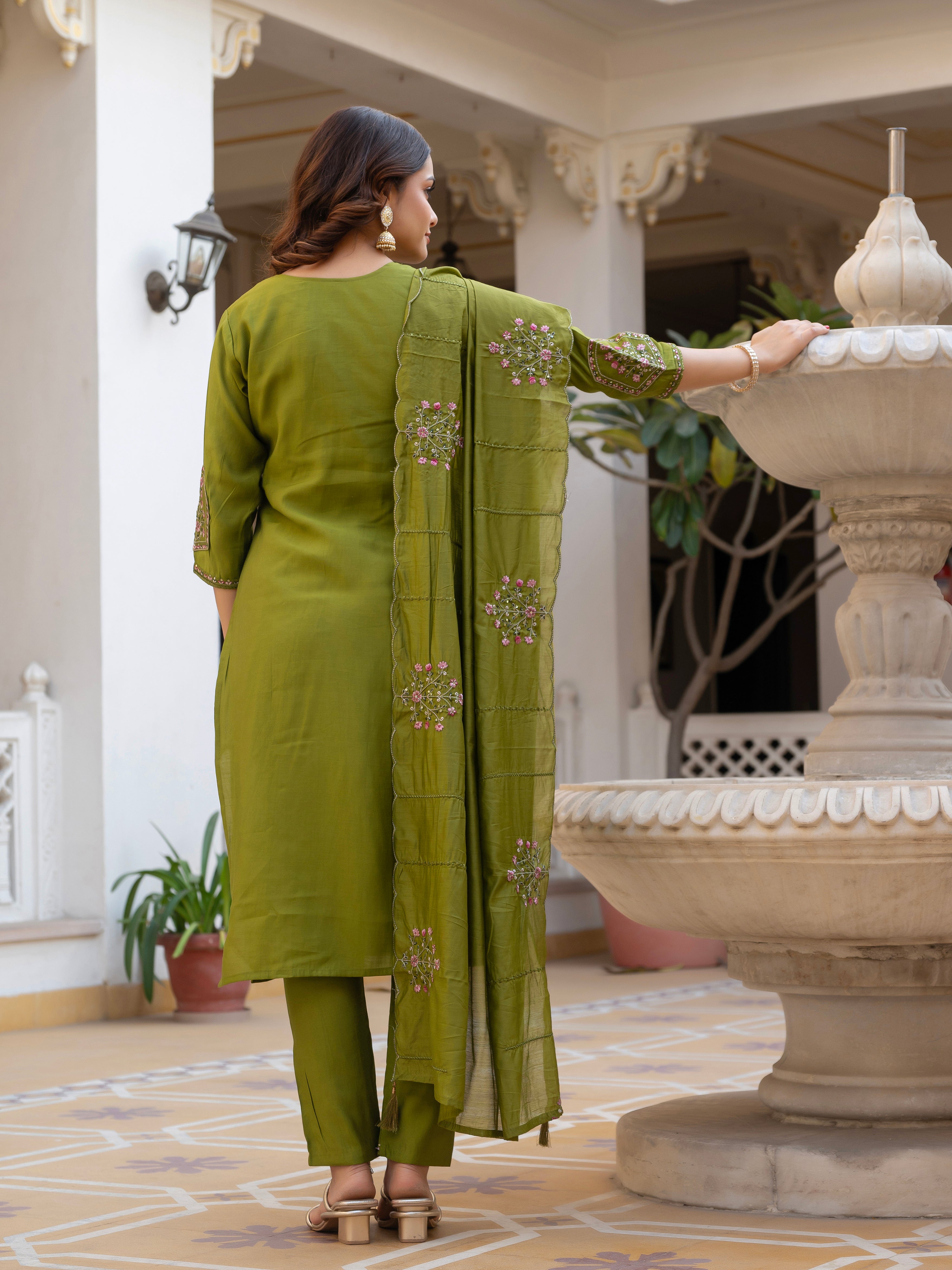 Pure Viscose Mango Silk Embroidered Straight Kurti Set – Mhendi Green