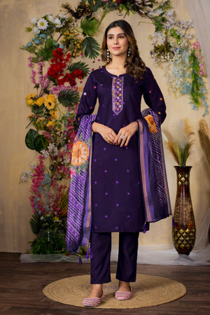 Roman Silk Embroidered Straight Kurti Set – Purple