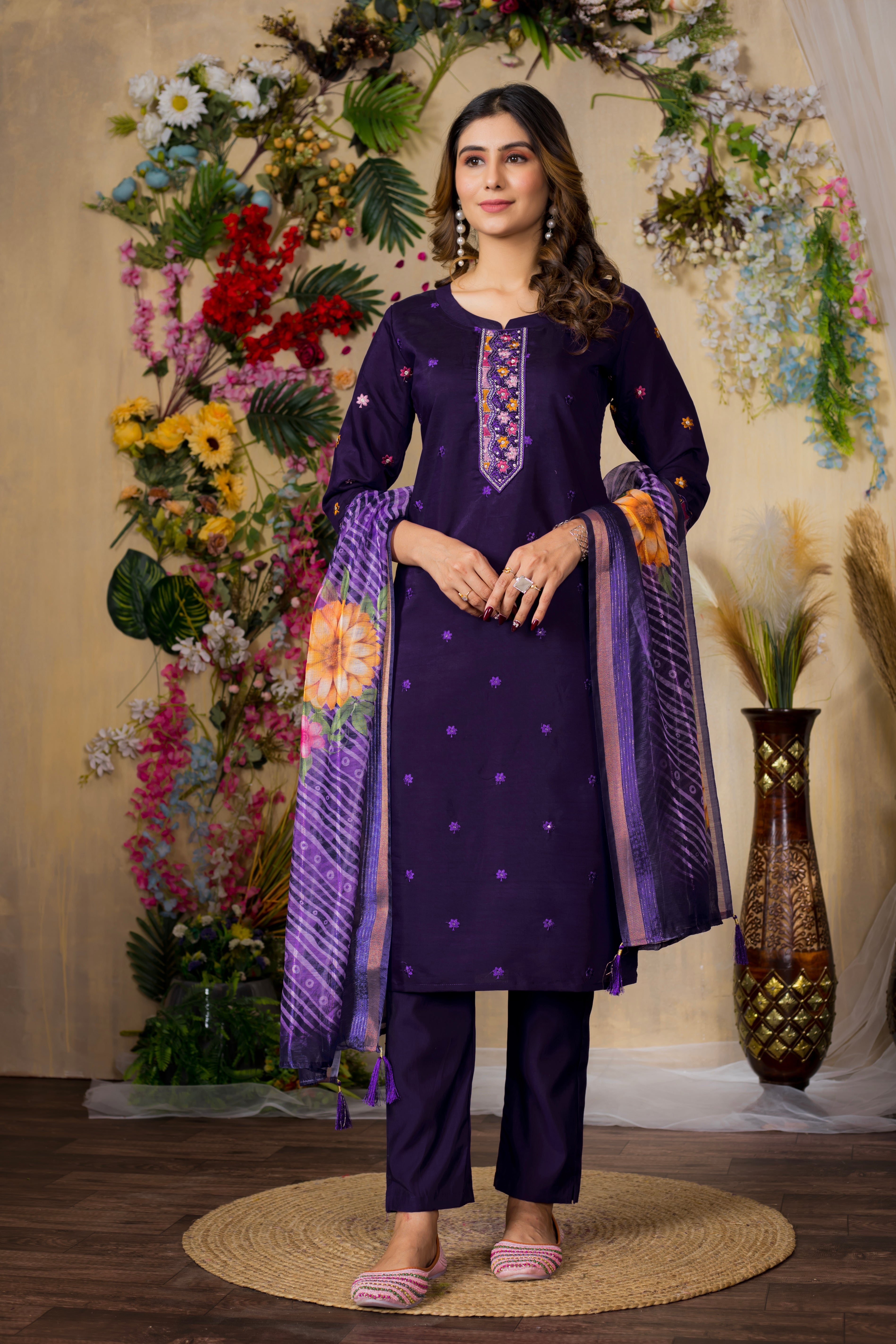 Roman Silk Embroidered Straight Kurti Set – Purple