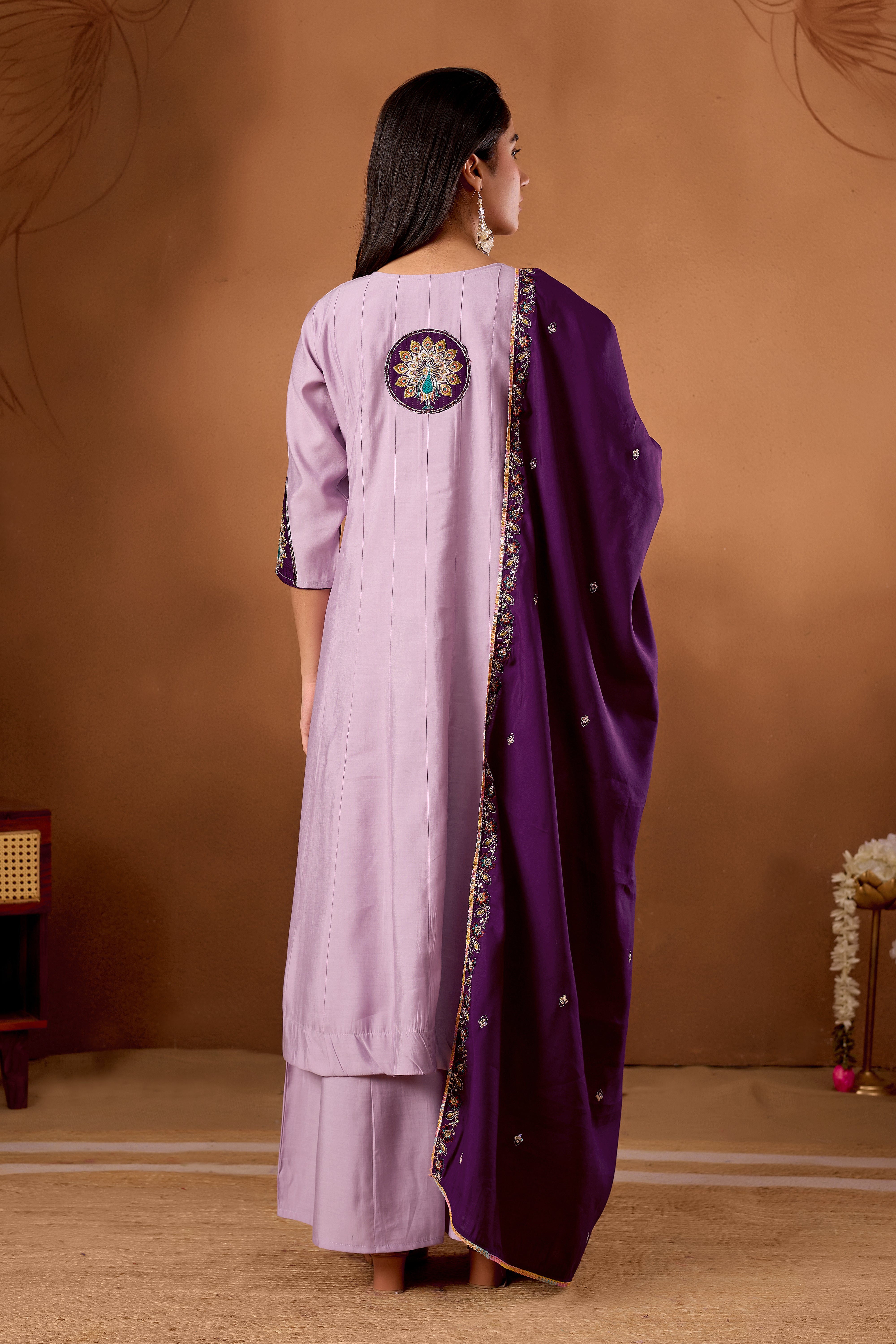 Roman Silk Embroidered Anarkali Kurti Set – Light Lovender