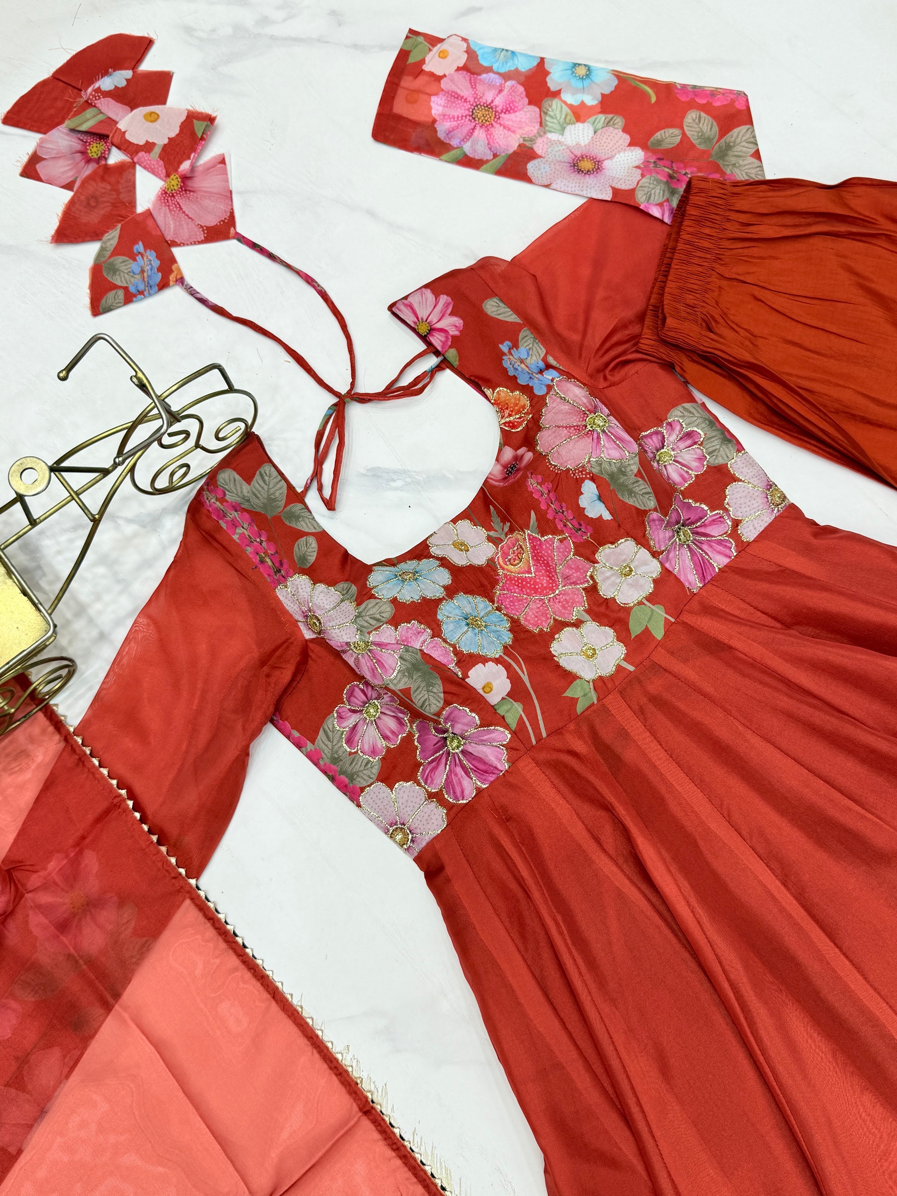 Organza Silk Printed Anarkali Set – Rust
