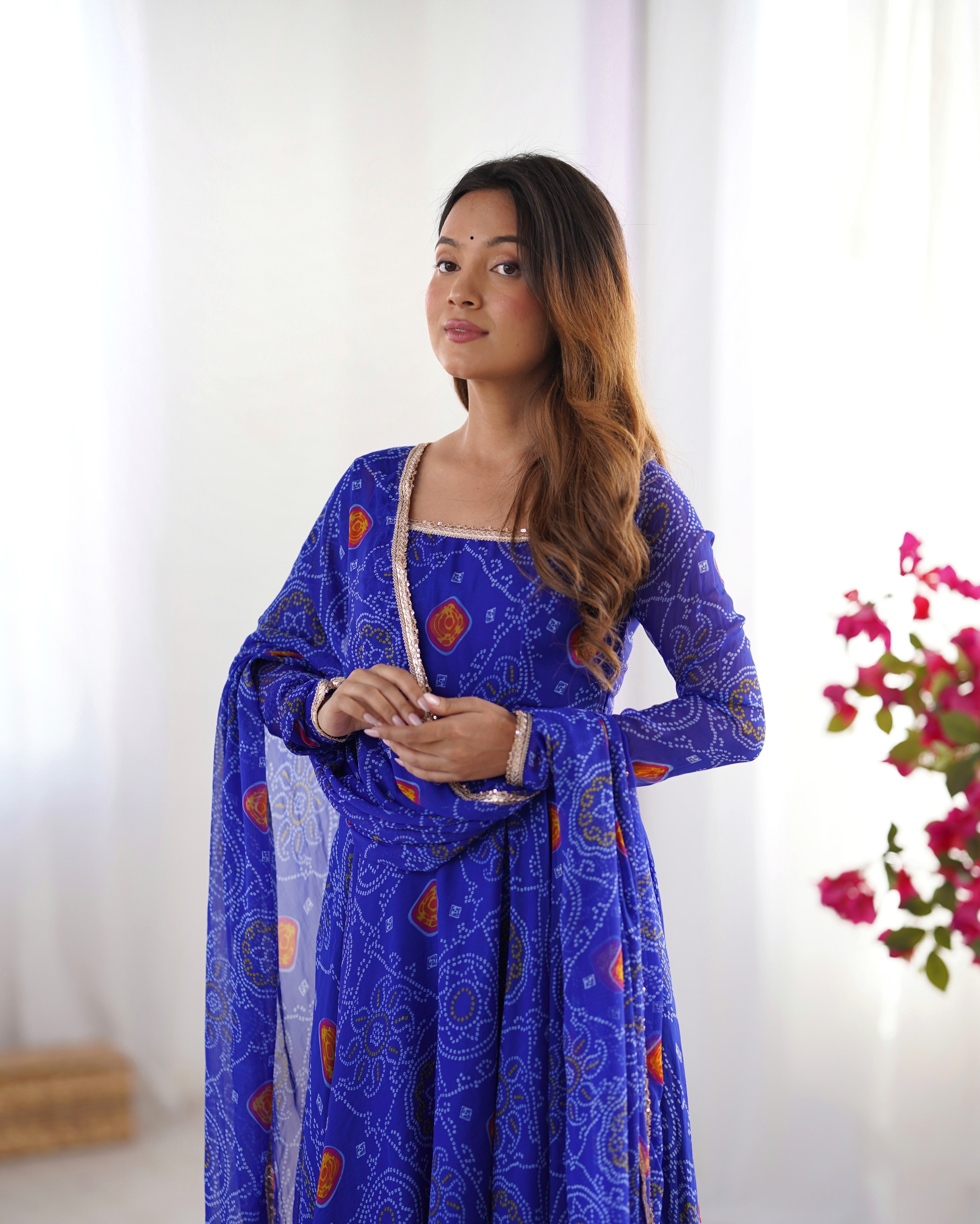 Soft Lightweight Chiffon Bandhej Fabric Inner Micro Cotton Embroidered Anarkali Set – Blue