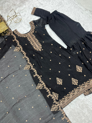 Crunchy Silk Embroidered Kurta-Sharara Set – Black