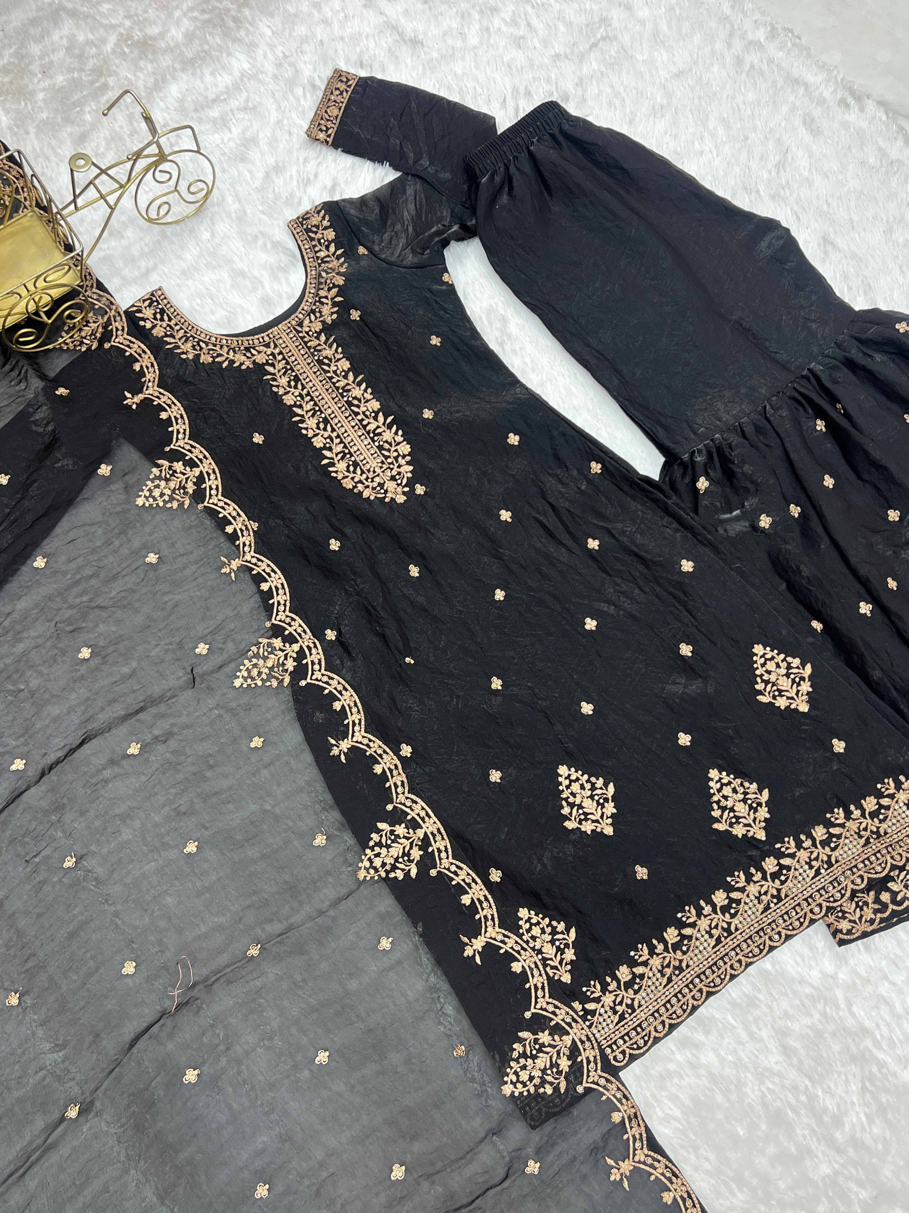 Crunchy Silk Embroidered Kurta-Sharara Set – Black