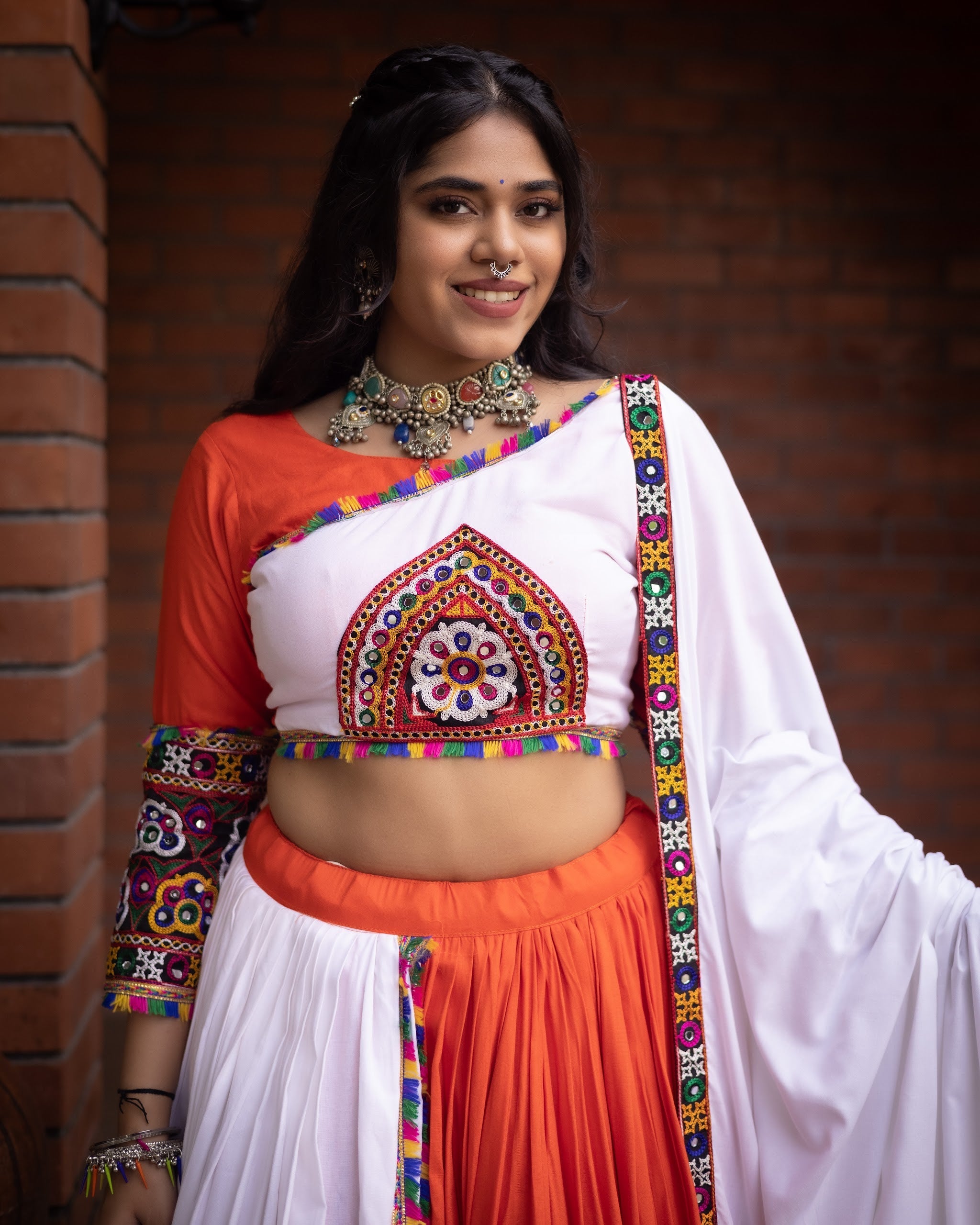 Navratri Orange White Arches Patch Work Lehenga Set