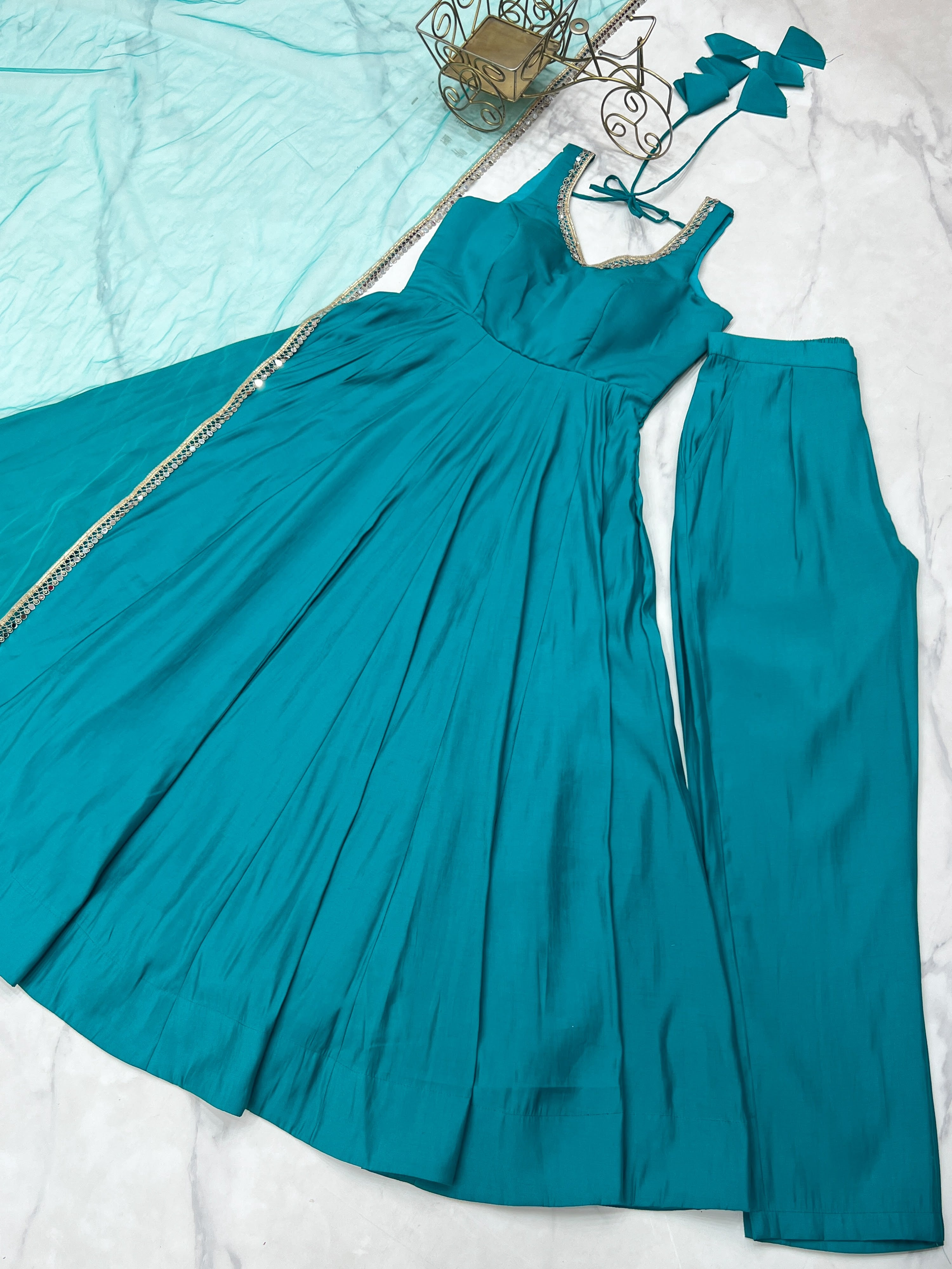 Roman Chanderi Silk Embroidered Anarkali Set – Blue