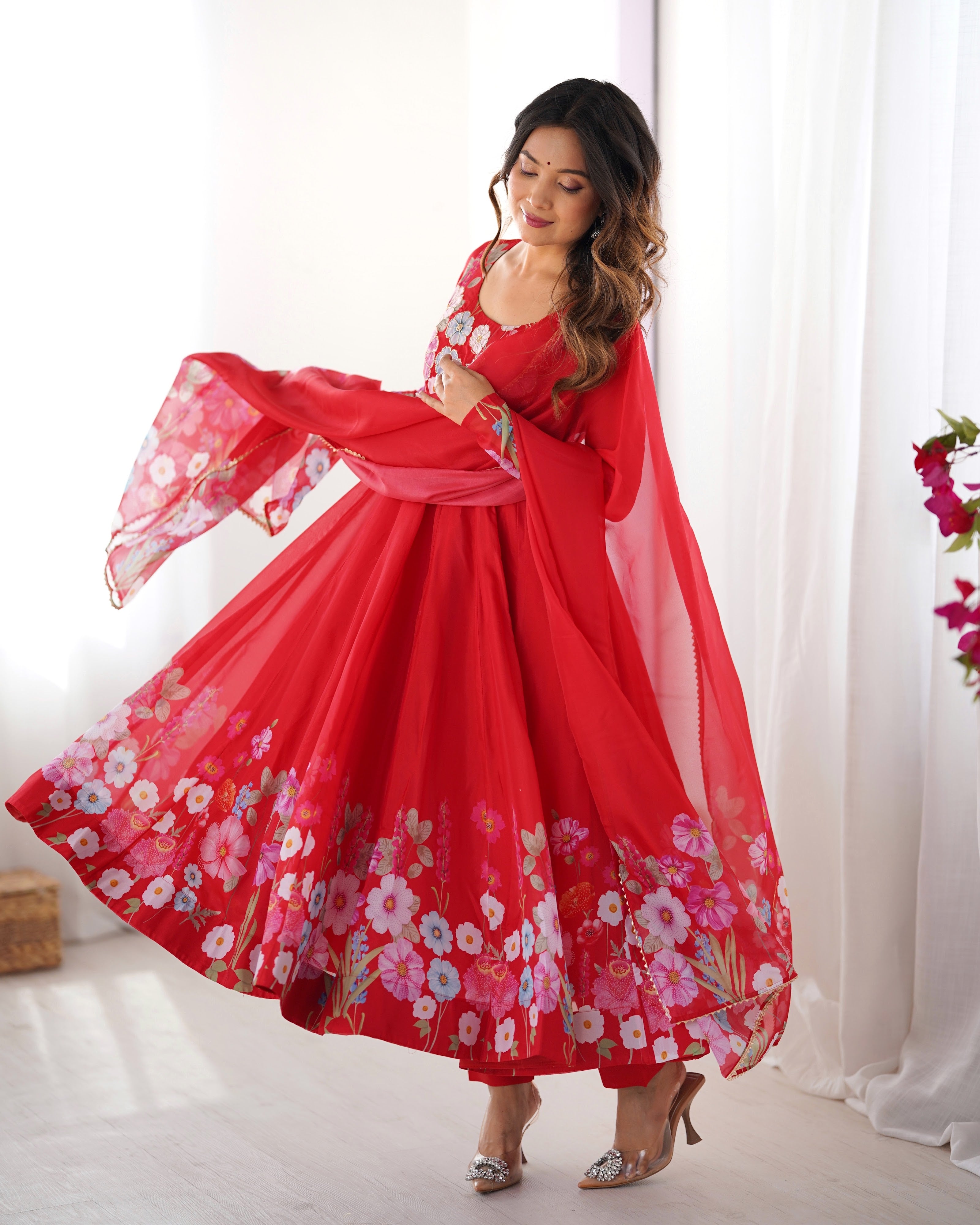 Organza Silk Printed Anarkali Set – Red