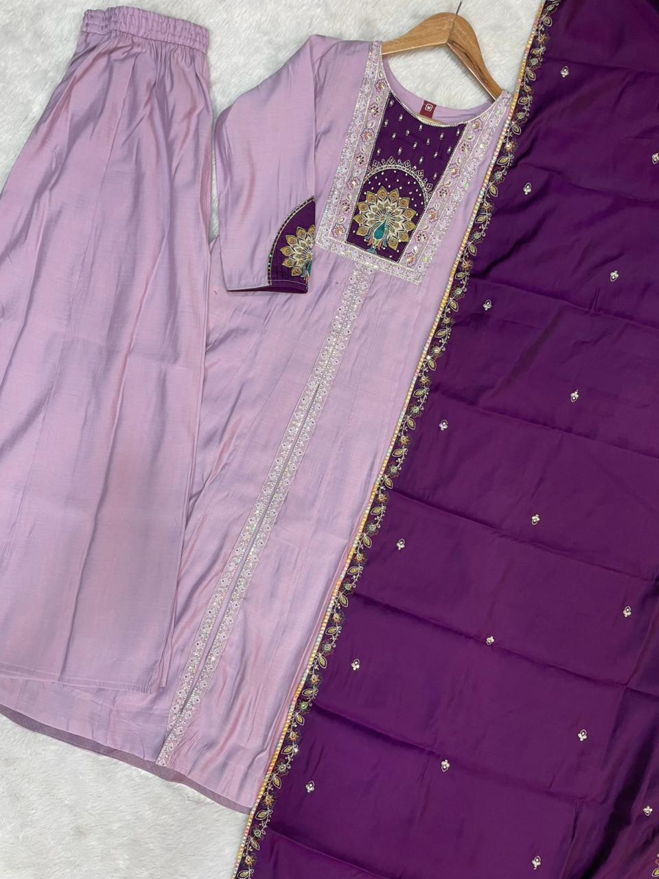 Roman Silk Embroidered Anarkali Kurti Set – Light Lovender