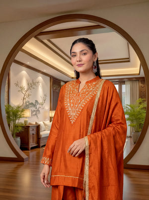 Cp Vichitra Silk Embroidered Kurta Pant Dupatta Set – Rust Orange