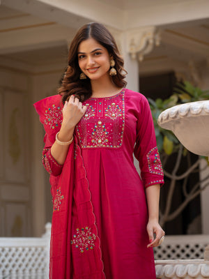 Pure Viscose Mango Silk Embroidered Straight Kurti Set – Pink