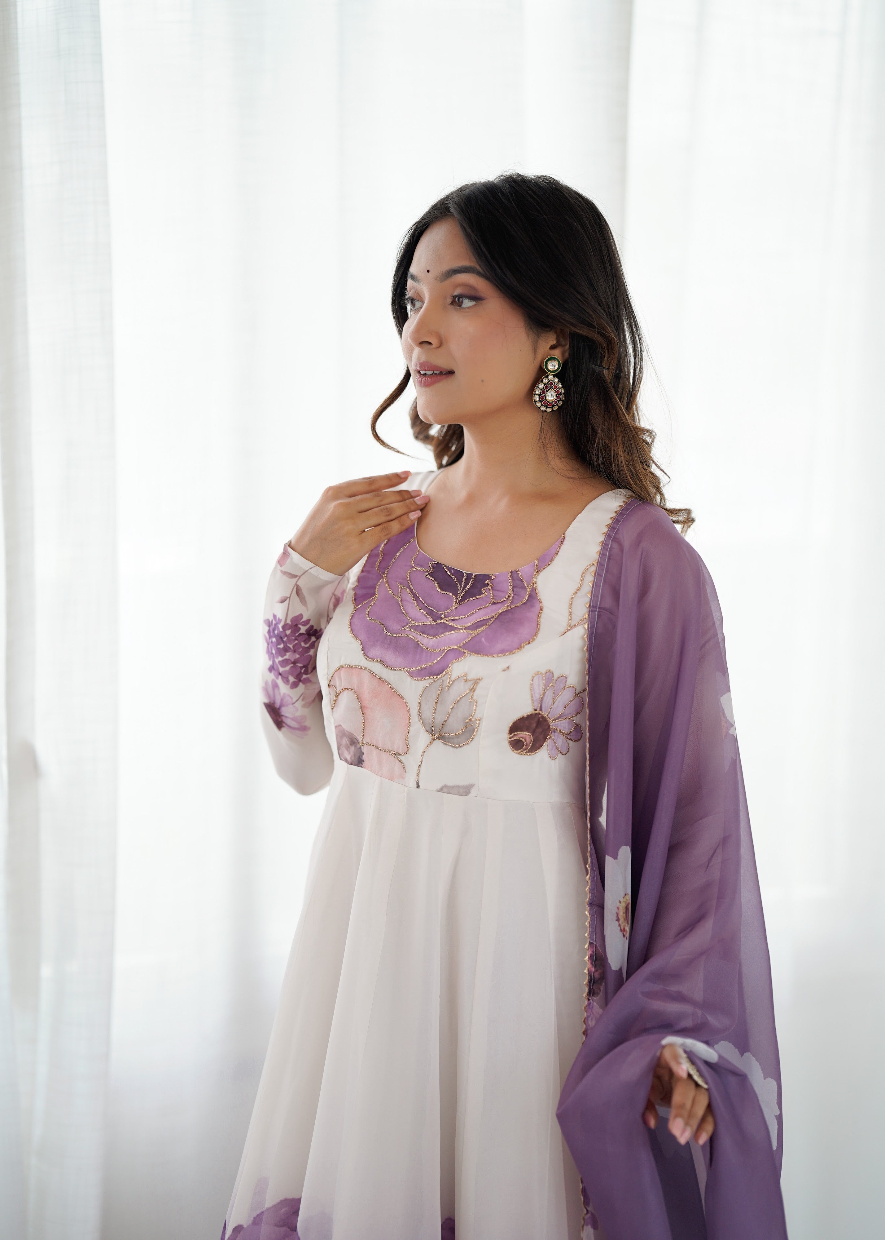 Organza Silk Printed Anarkali Set – Lilac Floral