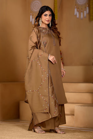 Viscose Mango Silk Embroidered Anarkali Kurti Set – Coffee