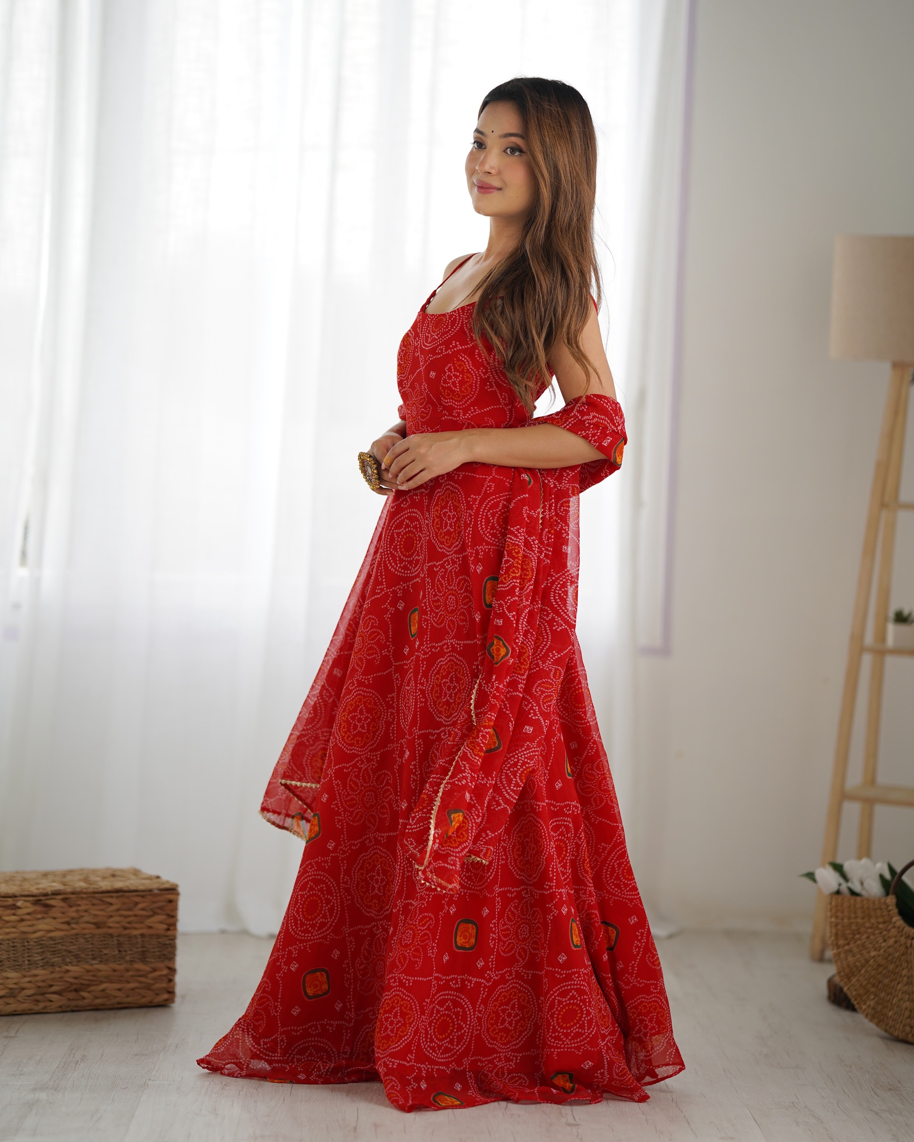 Soft Lightweight Chiffon Bandhej Embroidered Gown Set – Red