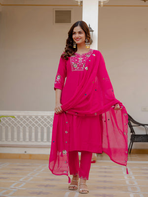 Pure Viscose Mango Silk Embroidered Straight Kurti Set – Pink