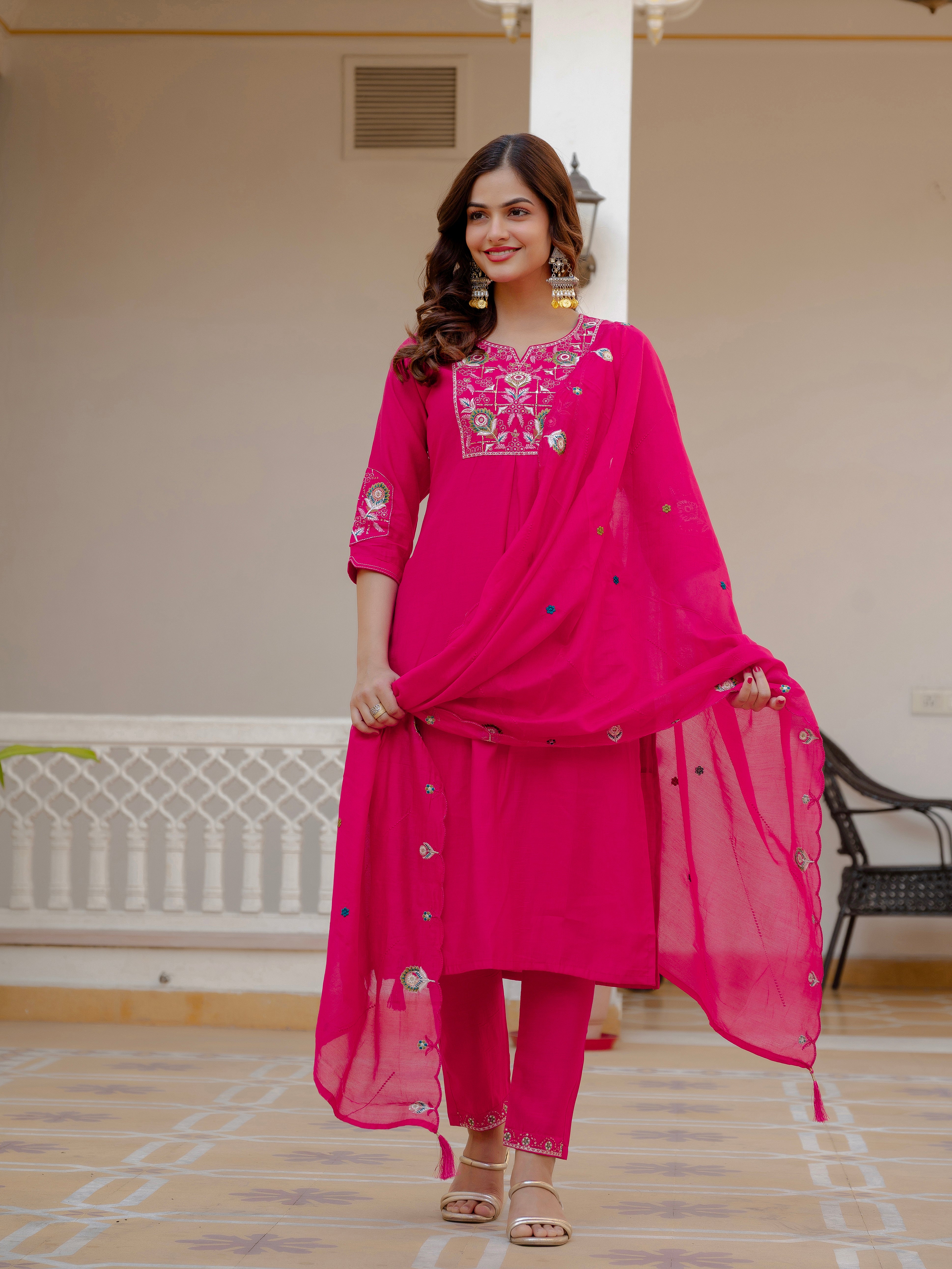 Pure Viscose Mango Silk Embroidered Straight Kurti Set – Pink