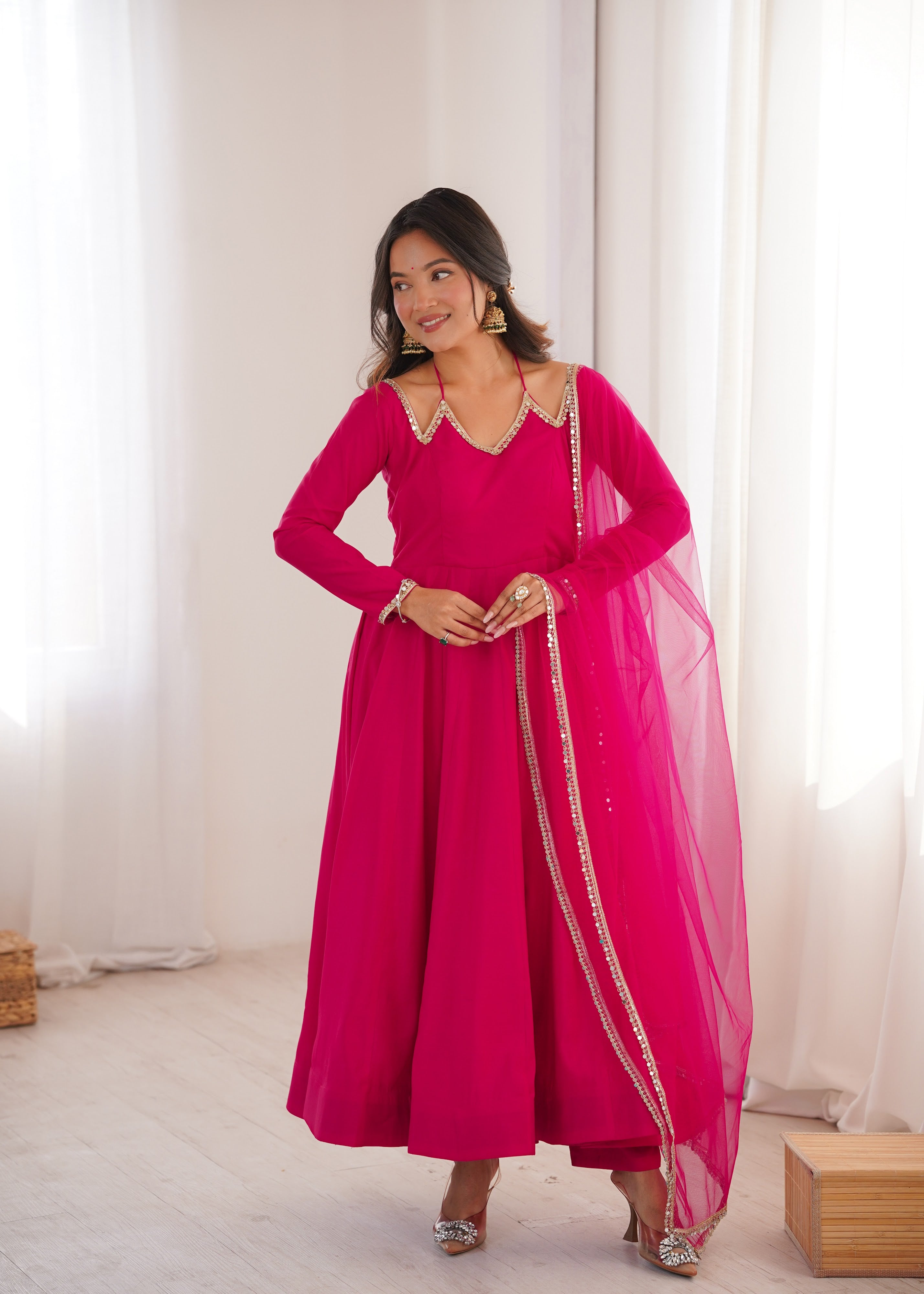 Roman Chanderi Silk Embroidered Anarkali Set – Dark Pink