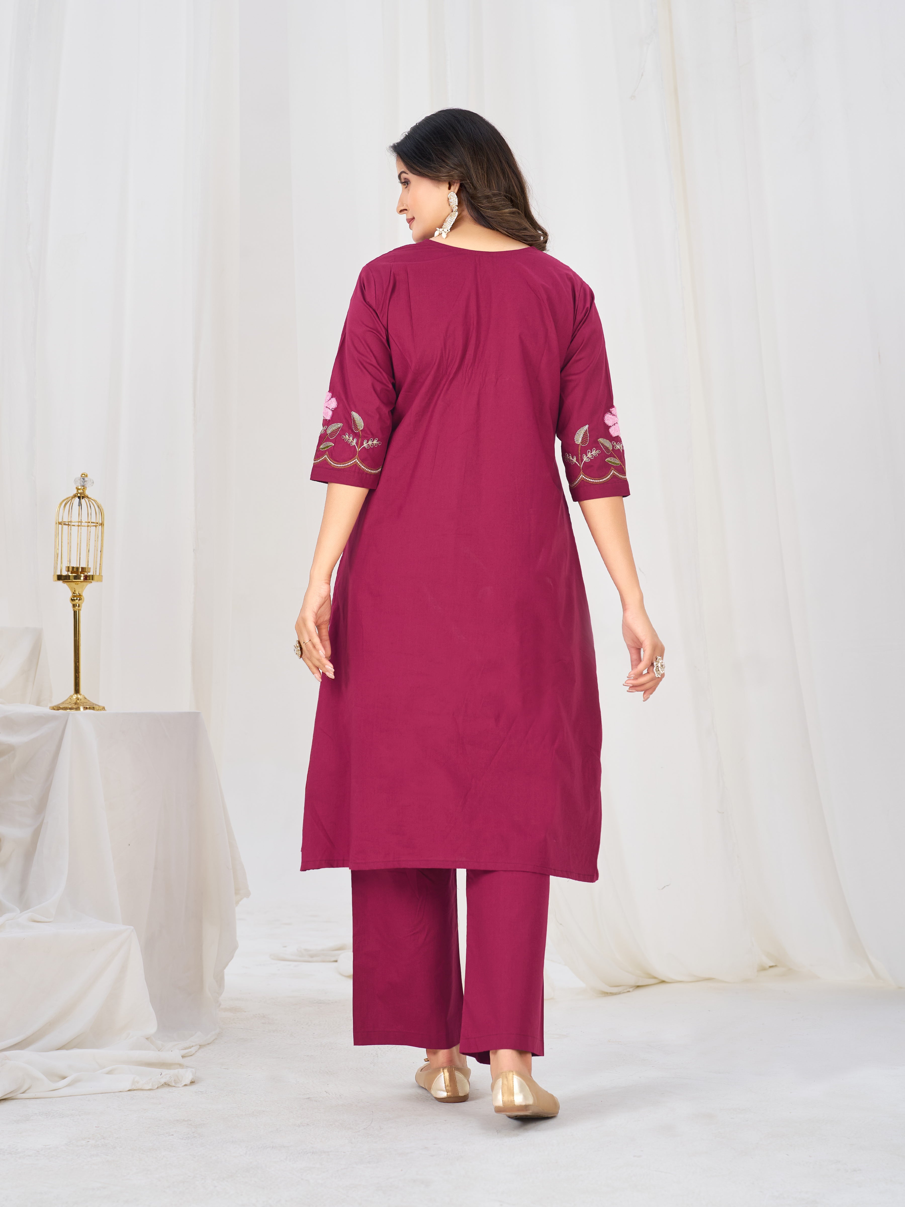 Pure Cotton Embroidered Anarkali Kurti Set – Pink