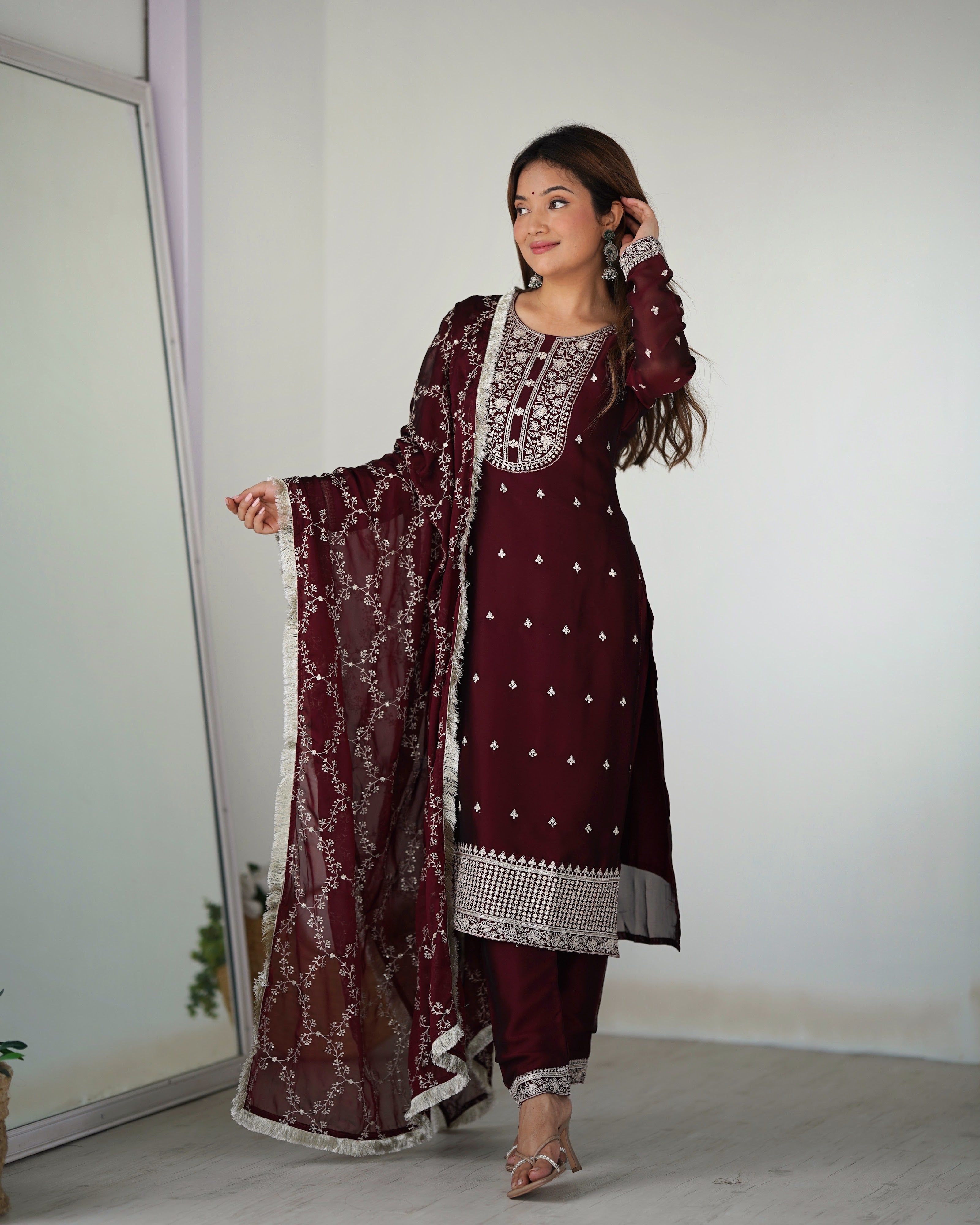 Rangoli Silk Embroidered Straight Kurta Set – Maroon