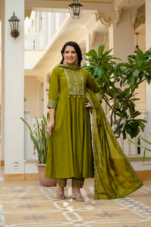 Viscose Roman Silk Embroidered Anarkali Kurti Set – Mahendi