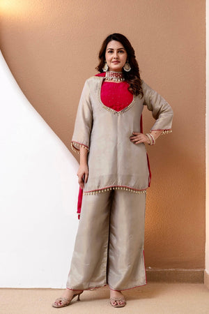 Roman Glass Silk Embroidered Kurti + Blouse + Palazzo Set – Ivory & Rani Pink