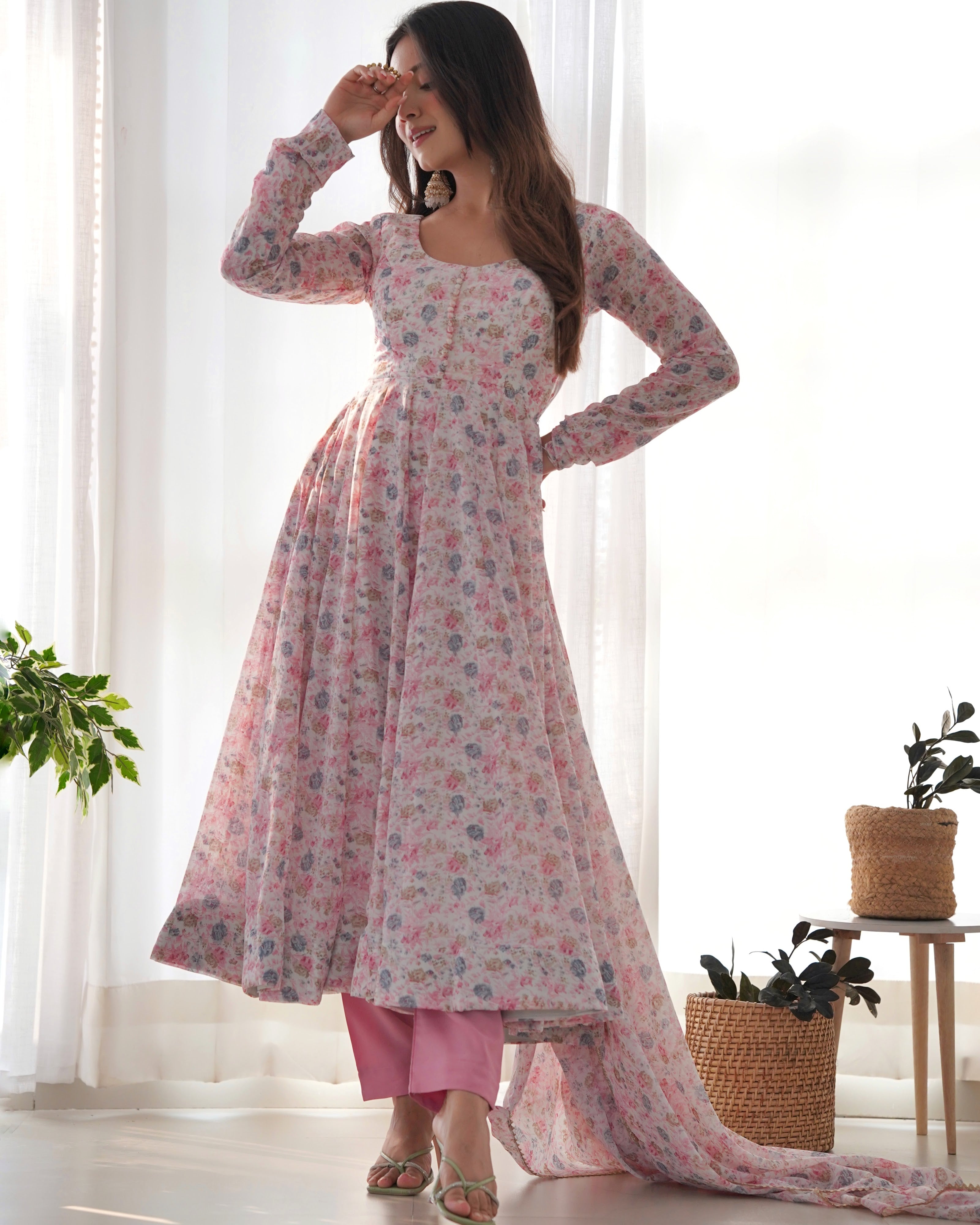 Heavy Orange Chiffon Floral Print Printed Anarkali Set – White Pink