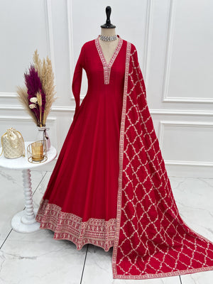 Vichitra Silk Embroidered Gown Set – Red